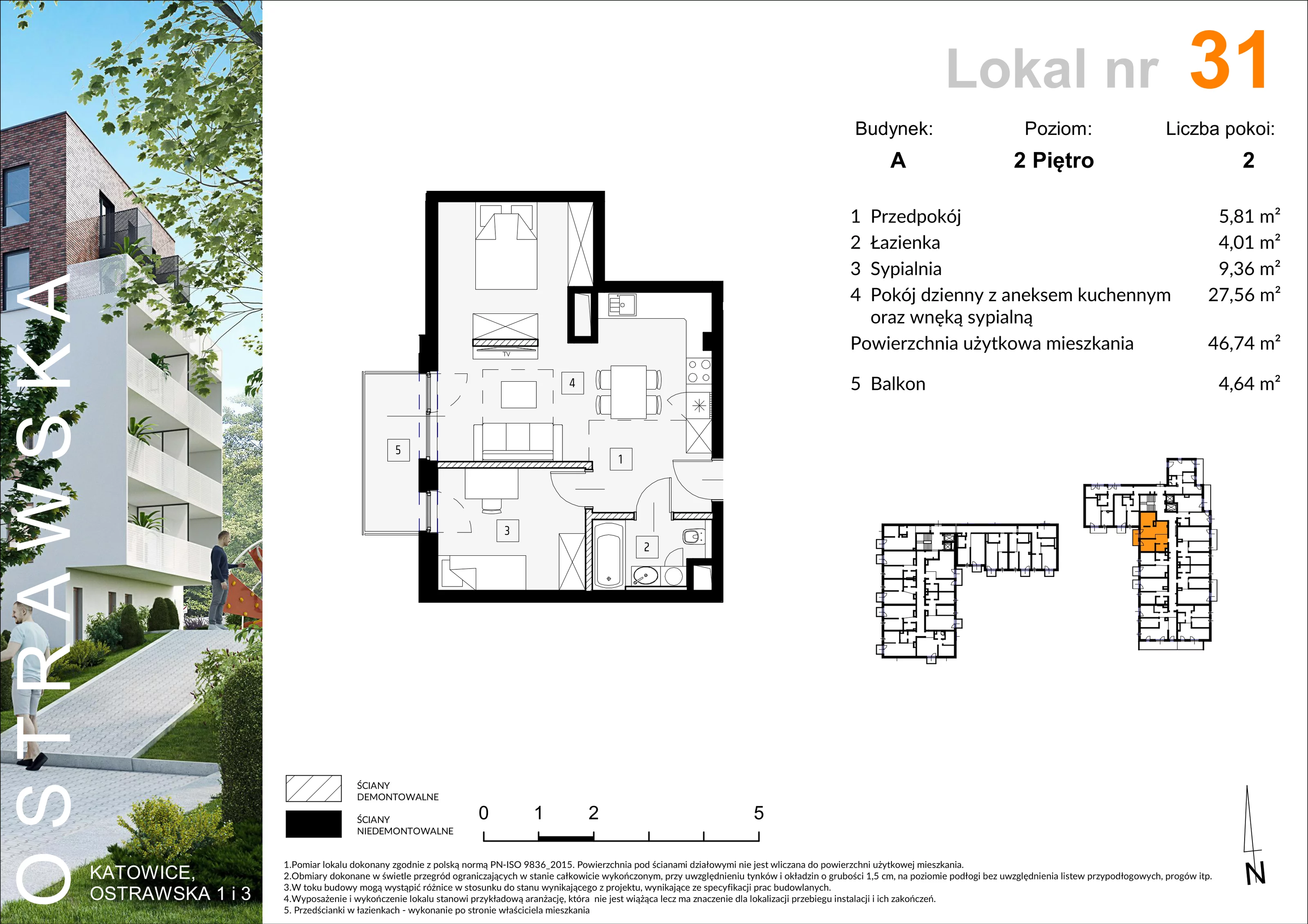 Mieszkanie 47,26 m², piętro 2, oferta nr A_M31, Ostrawska, Katowice, Ligota-Panewniki, Ligota, ul. Ostrawska