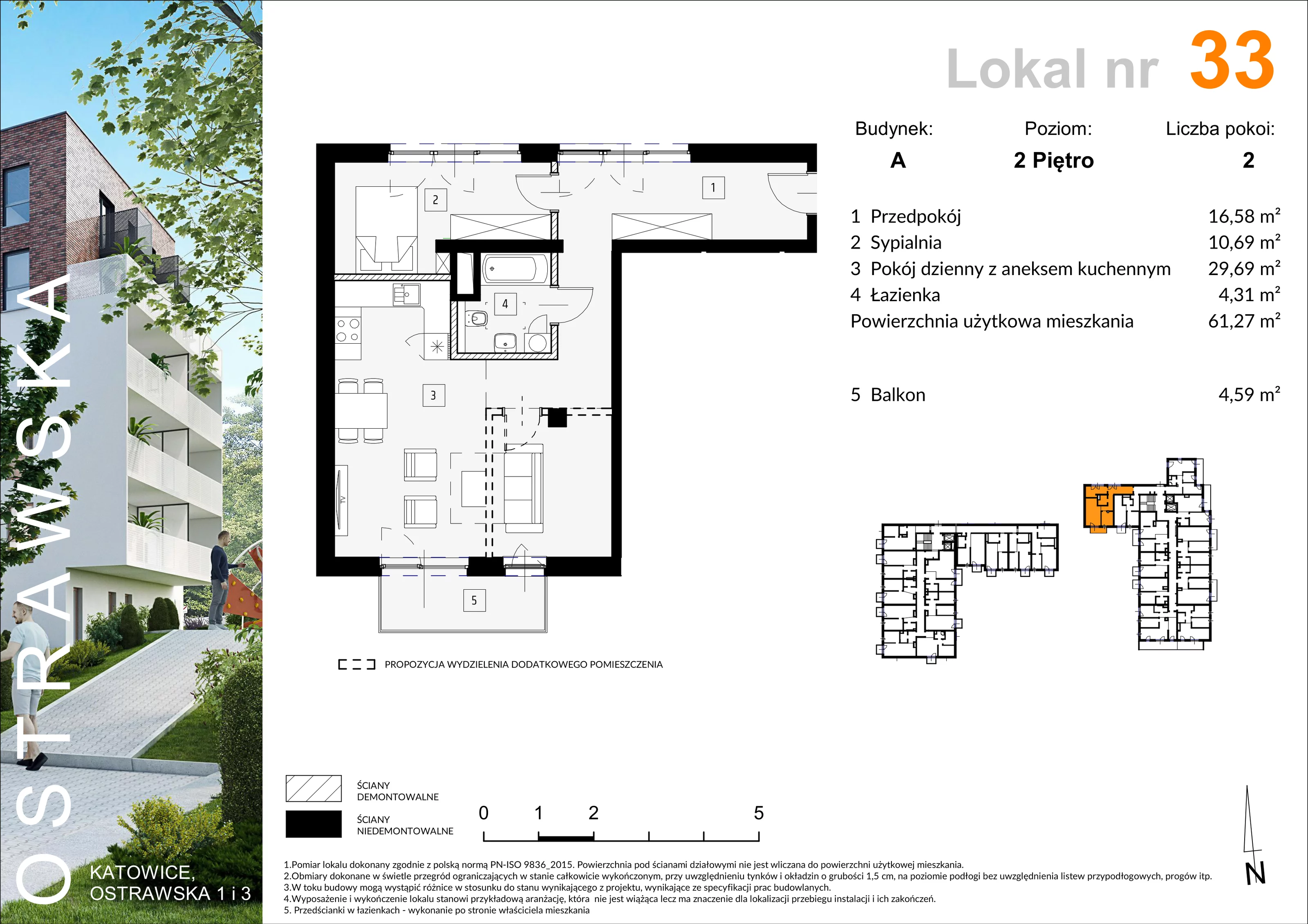 Mieszkanie 61,36 m², piętro 2, oferta nr A_M33, Ostrawska, Katowice, Ligota-Panewniki, Ligota, ul. Ostrawska