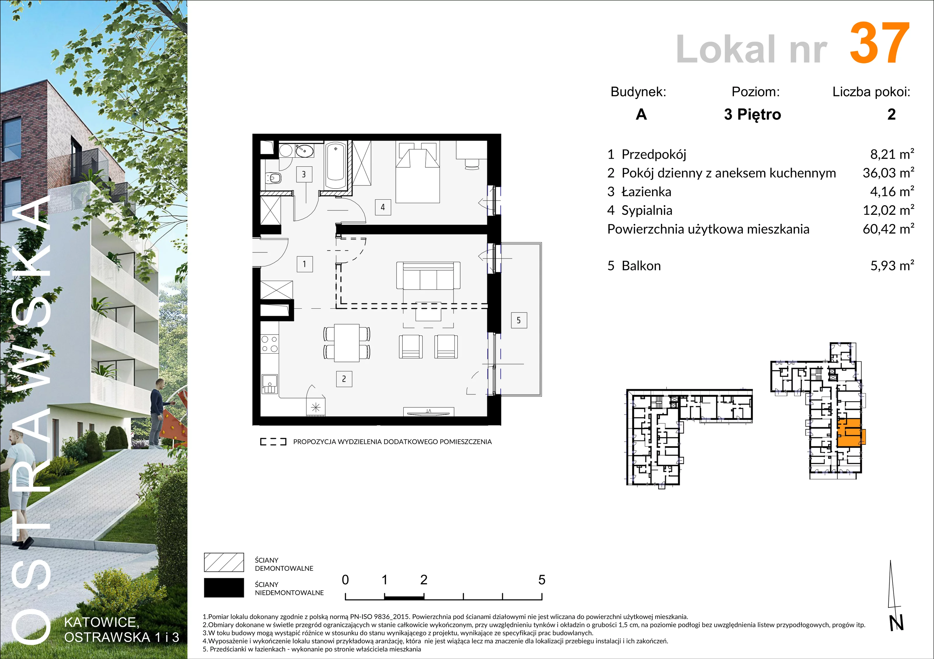 Mieszkanie 60,64 m², piętro 3, oferta nr A_M37, Ostrawska, Katowice, Ligota-Panewniki, Ligota, ul. Ostrawska
