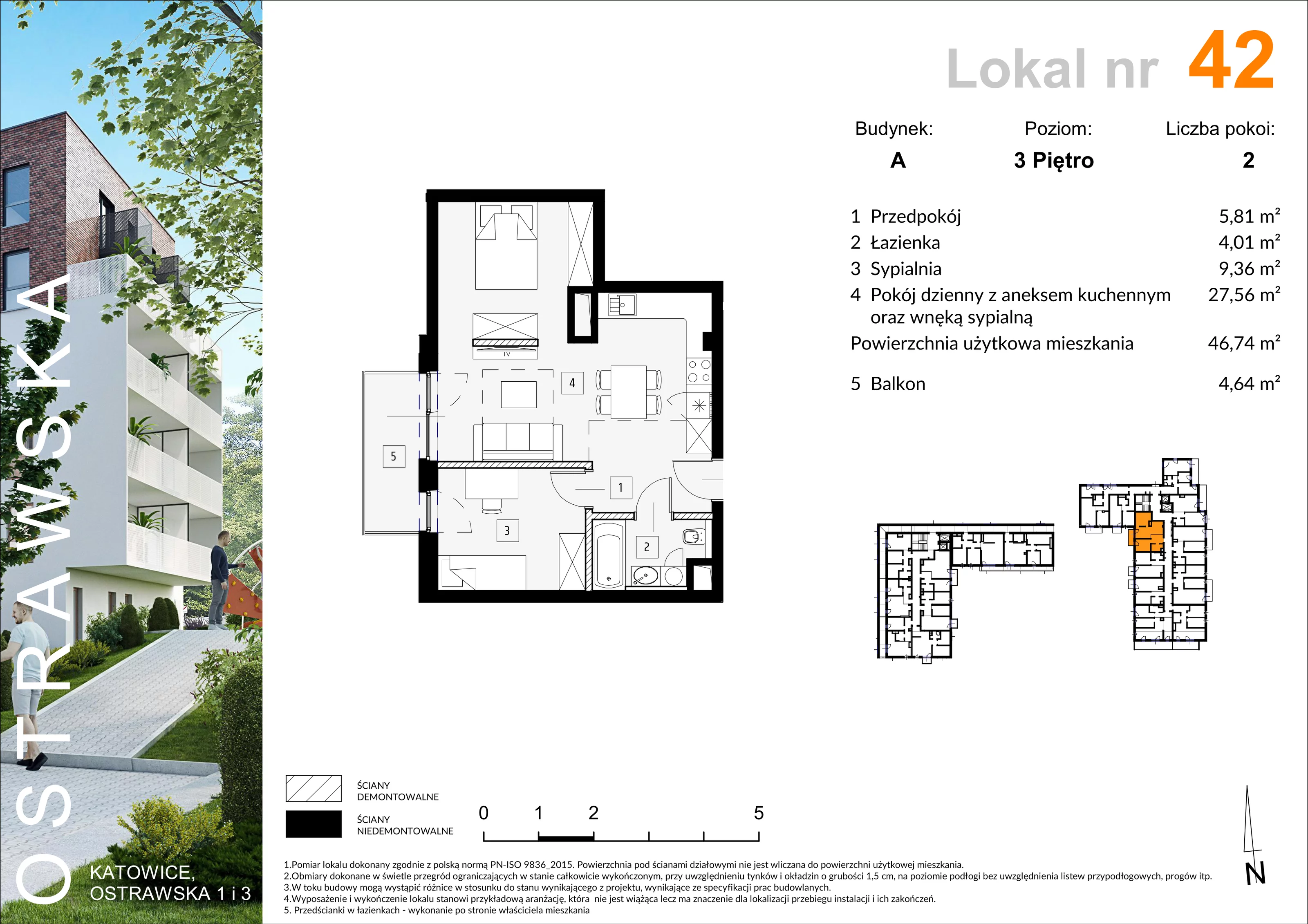 Mieszkanie 47,17 m², piętro 3, oferta nr A_M42, Ostrawska, Katowice, Ligota-Panewniki, Ligota, ul. Ostrawska