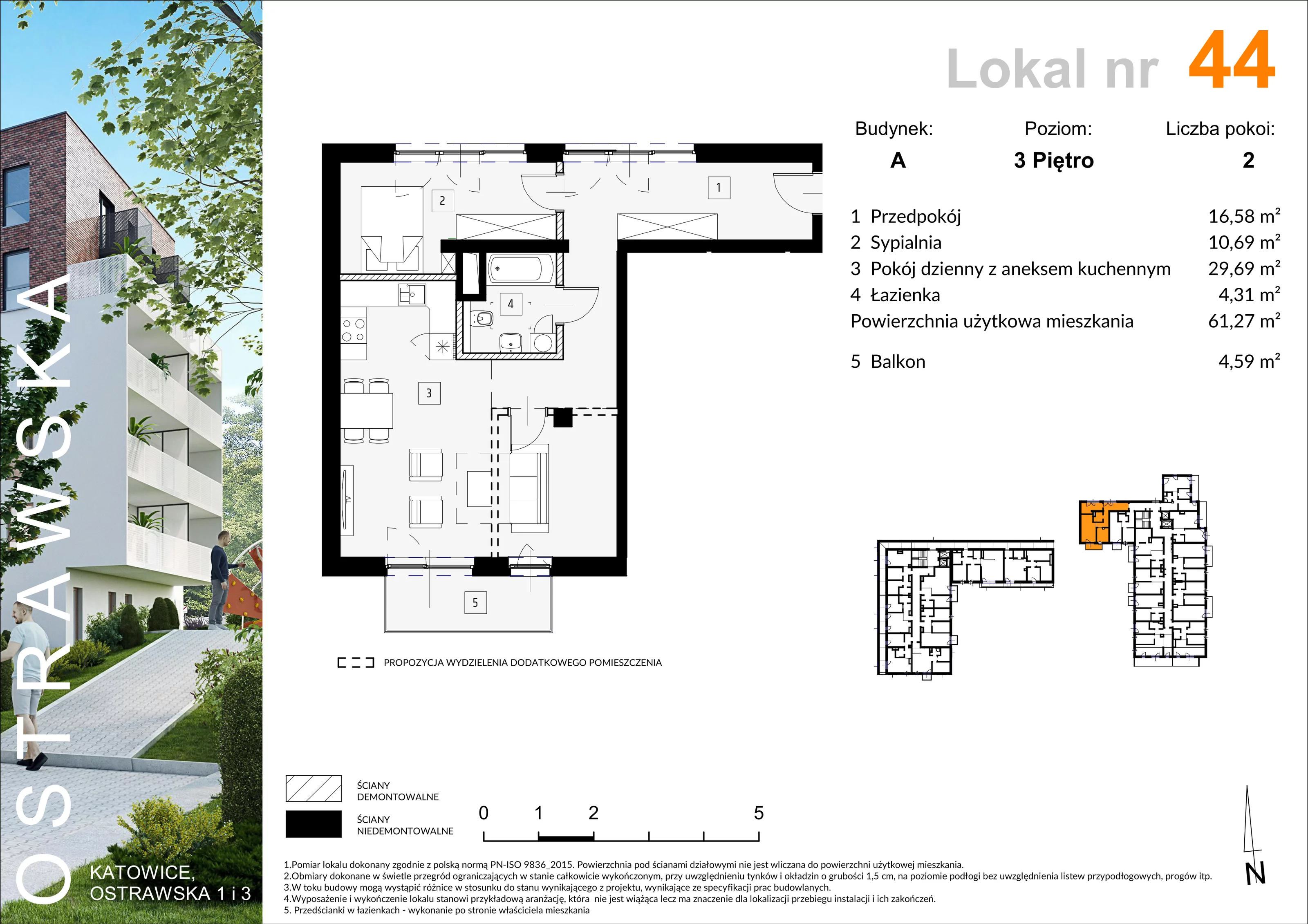 Mieszkanie 61,37 m², piętro 3, oferta nr A_M44, Ostrawska, Katowice, Ligota-Panewniki, Ligota, ul. Ostrawska