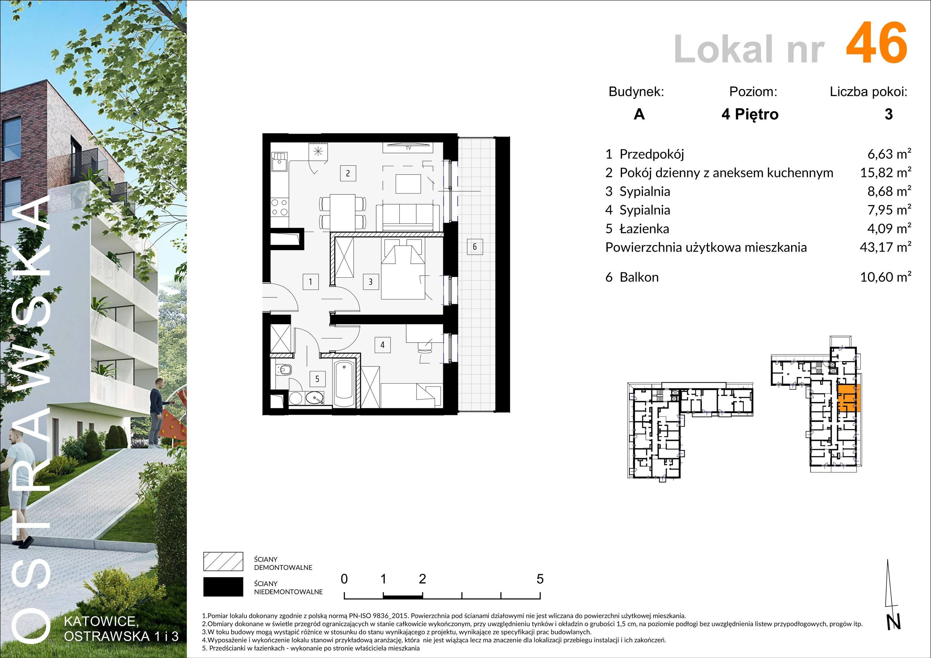 Mieszkanie 44,39 m², piętro 4, oferta nr A_M46, Ostrawska, Katowice, Ligota-Panewniki, Ligota, ul. Ostrawska