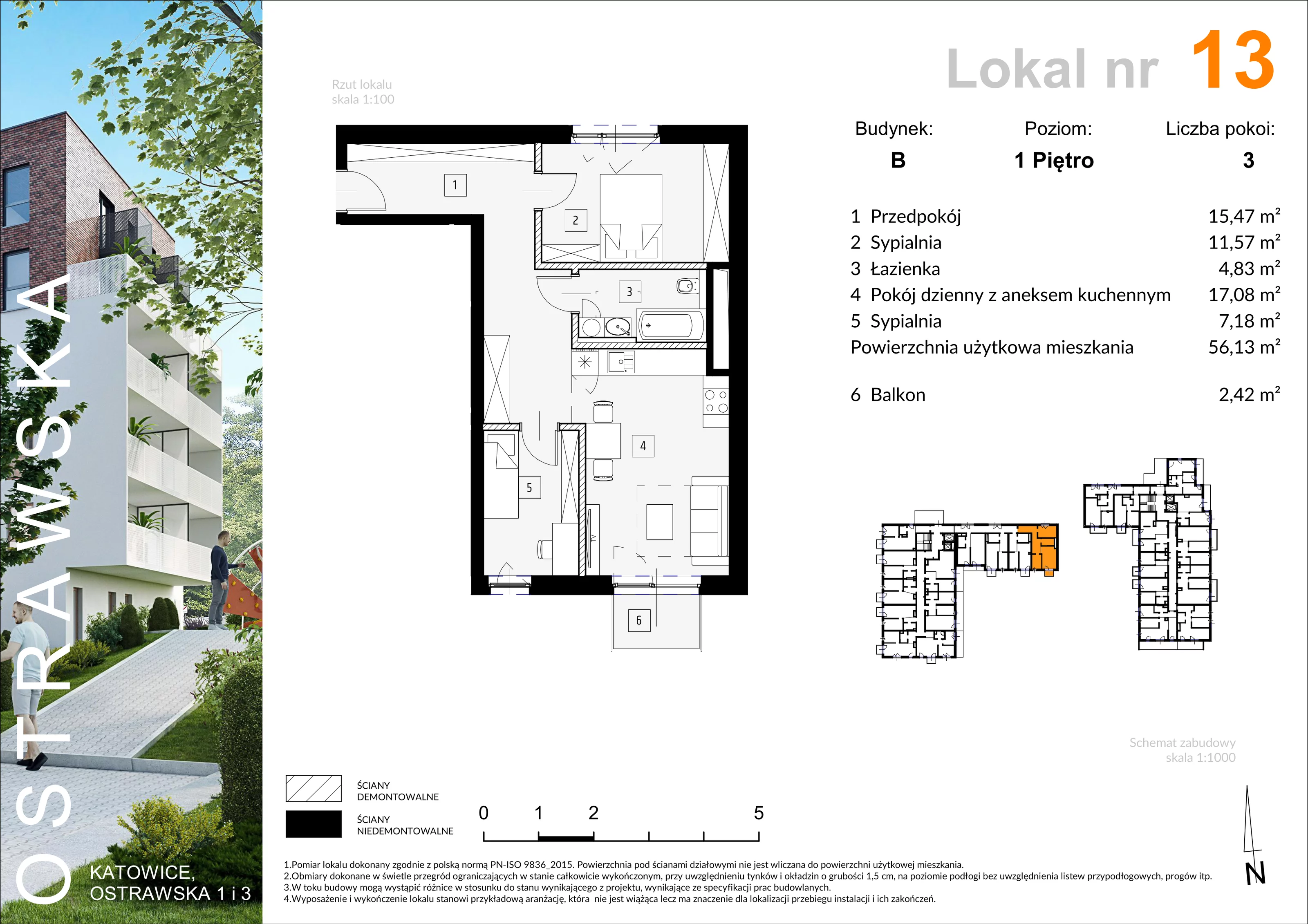 Mieszkanie 56,50 m², piętro 1, oferta nr B_M13, Ostrawska, Katowice, Ligota-Panewniki, Ligota, ul. Ostrawska
