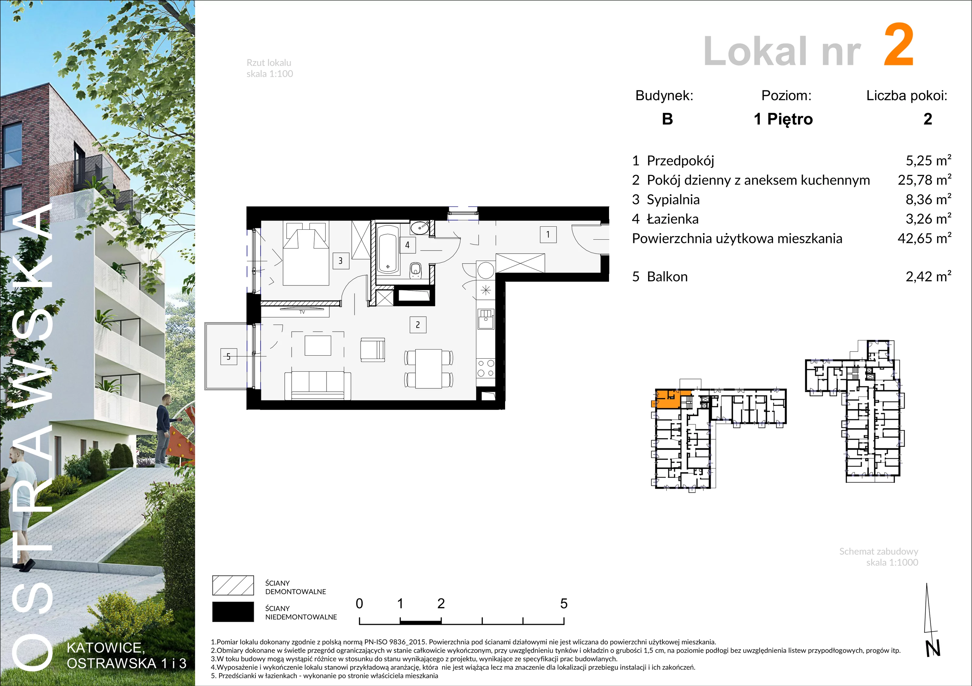 Mieszkanie 42,77 m², piętro 1, oferta nr B_M2, Ostrawska, Katowice, Ligota-Panewniki, Ligota, ul. Ostrawska