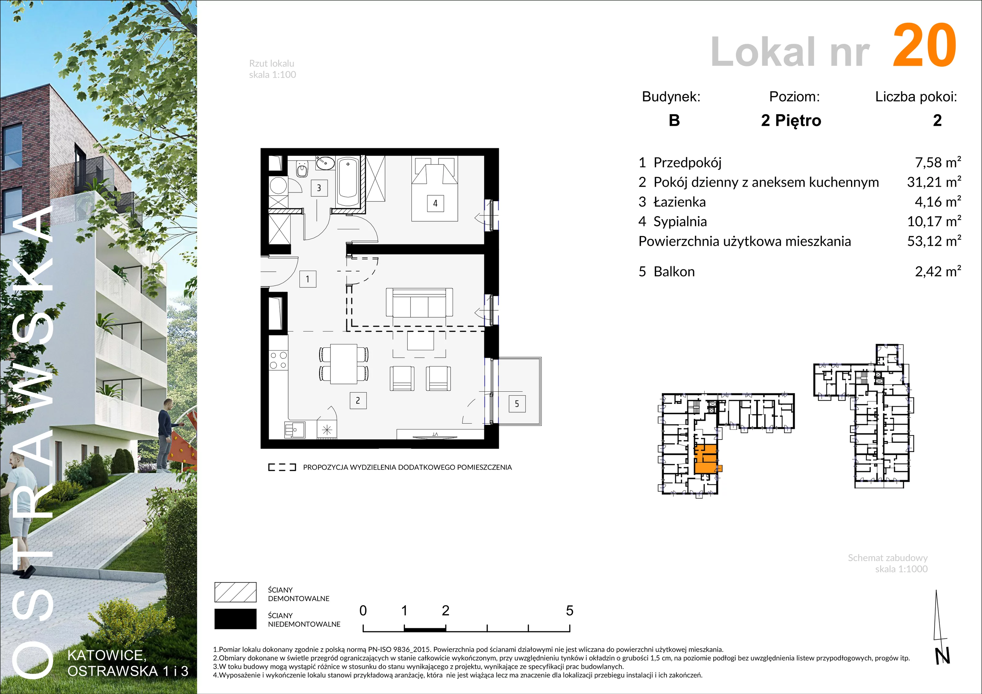 Mieszkanie 53,51 m², piętro 2, oferta nr B_M20, Ostrawska, Katowice, Ligota-Panewniki, Ligota, ul. Ostrawska