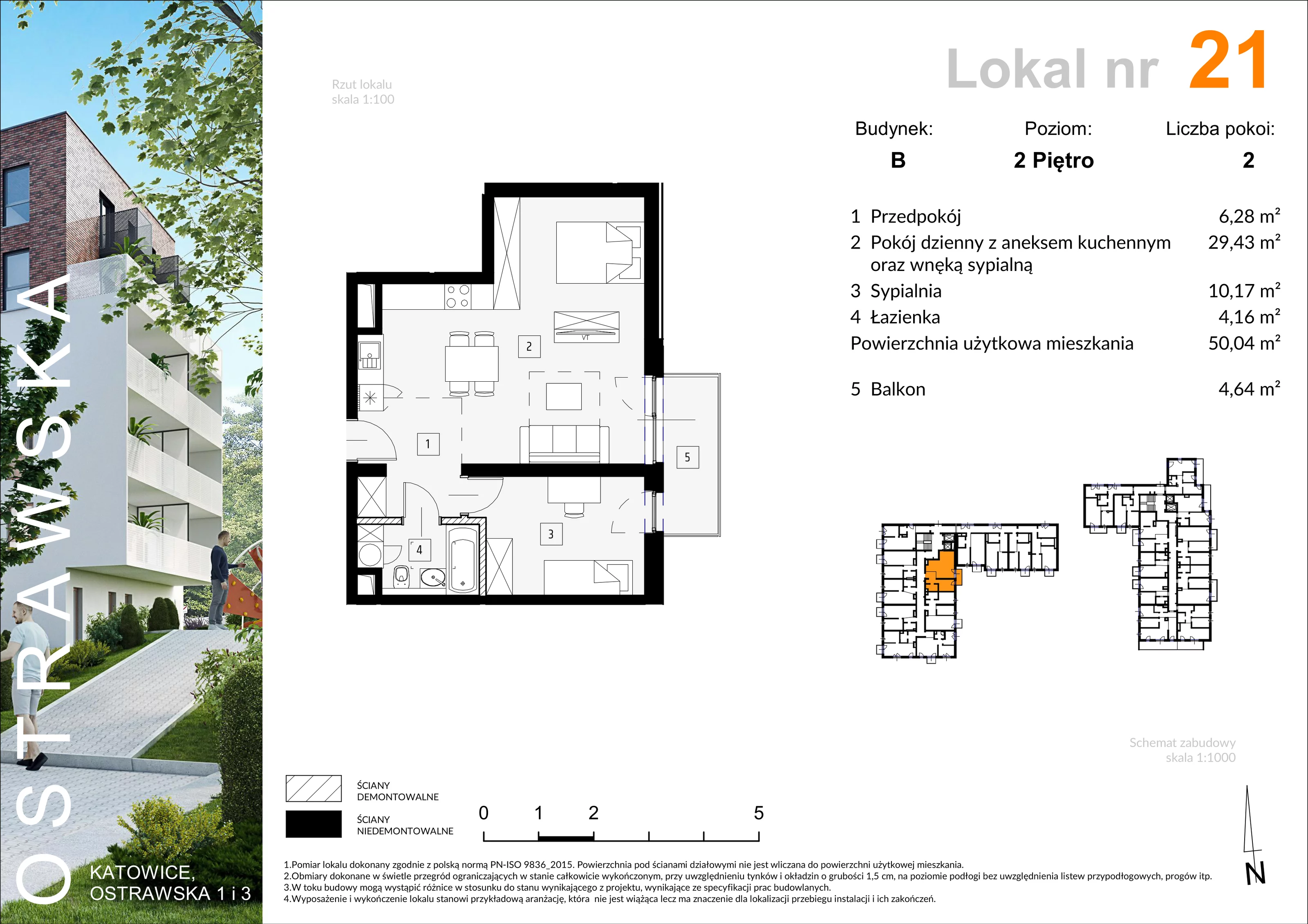 Mieszkanie 50,09 m², piętro 2, oferta nr B_M21, Ostrawska, Katowice, Ligota-Panewniki, Ligota, ul. Ostrawska