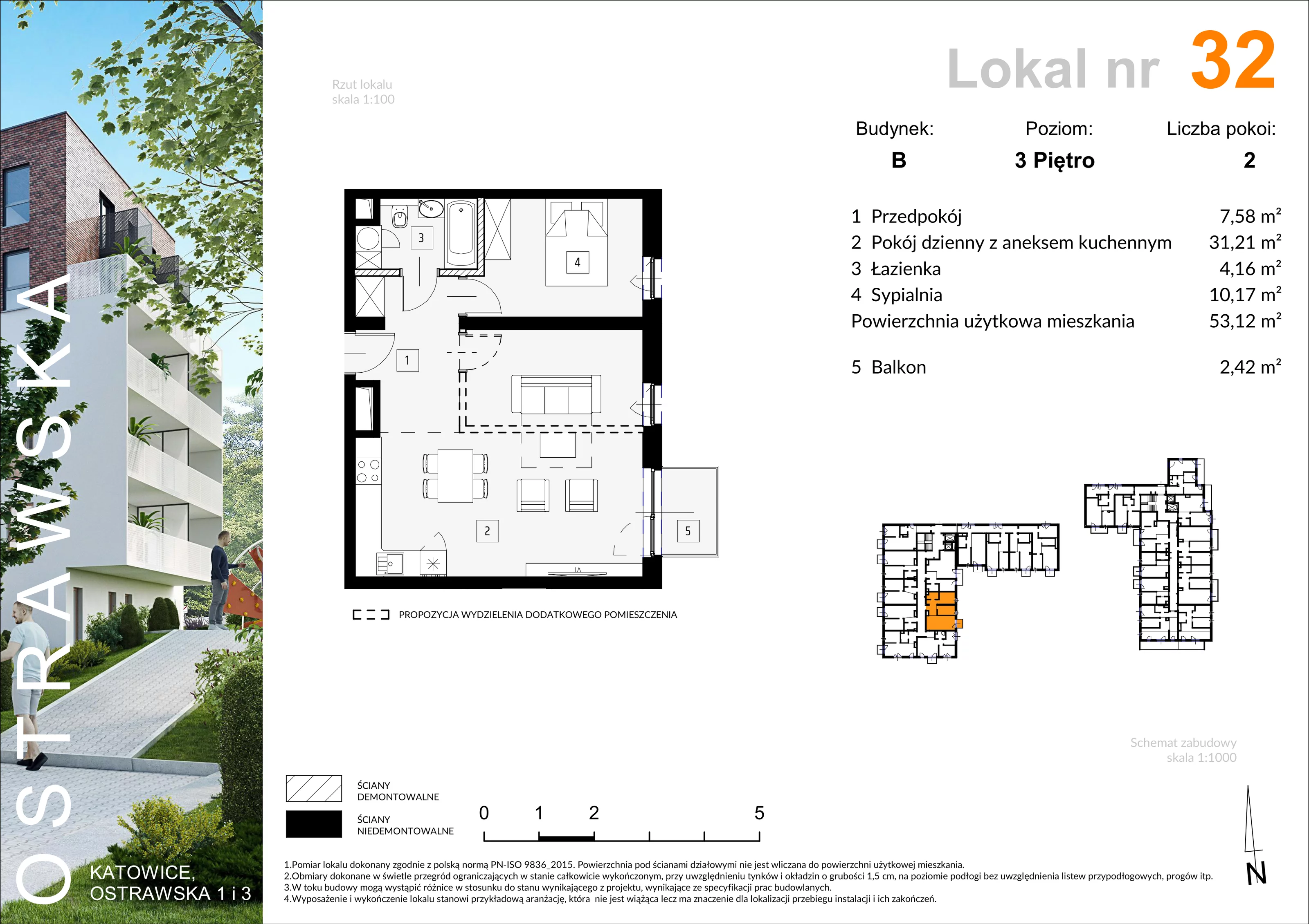 Mieszkanie 53,35 m², piętro 3, oferta nr B_M32, Ostrawska, Katowice, Ligota-Panewniki, Ligota, ul. Ostrawska
