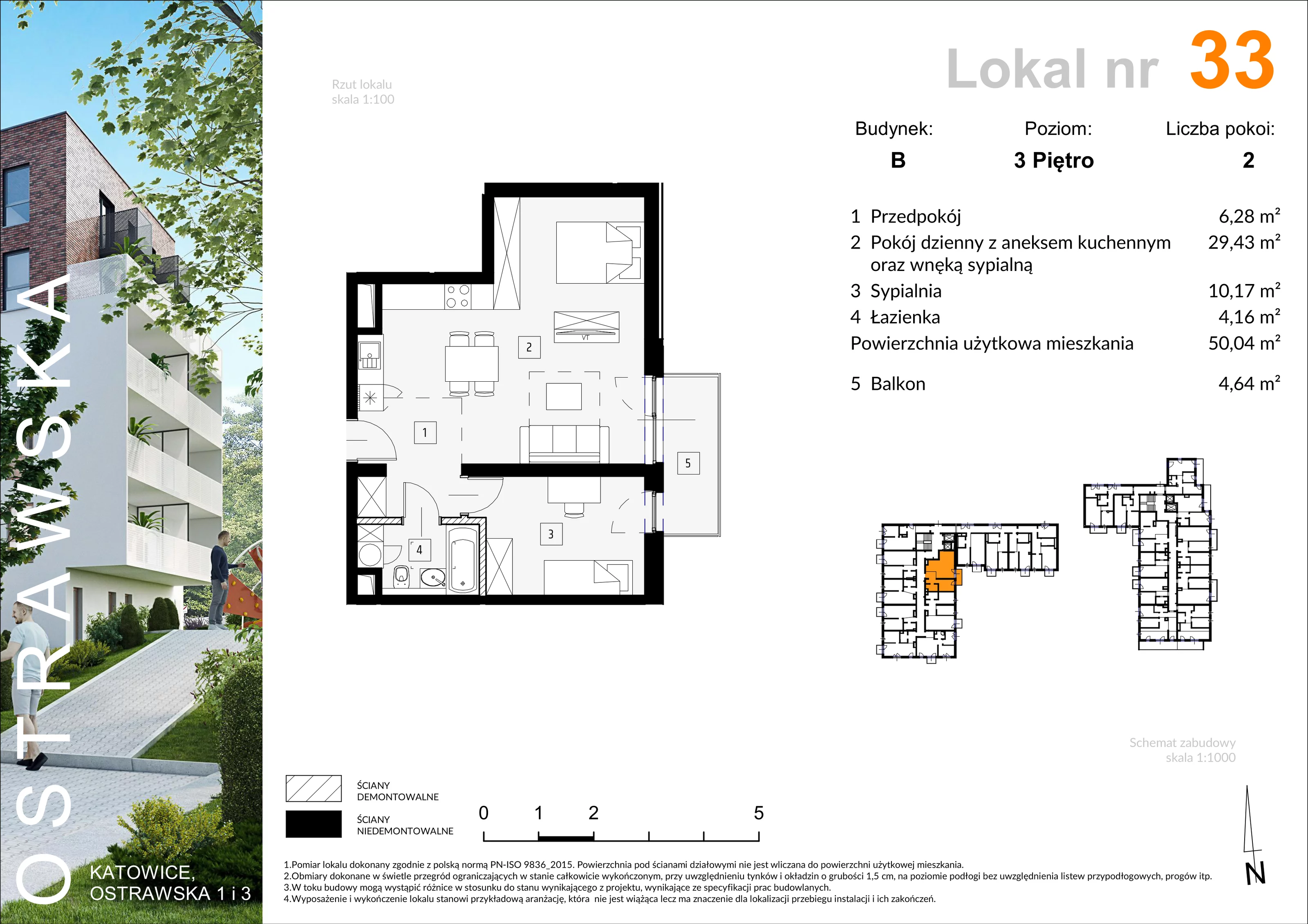 Mieszkanie 50,40 m², piętro 3, oferta nr B_M33, Ostrawska, Katowice, Ligota-Panewniki, Ligota, ul. Ostrawska