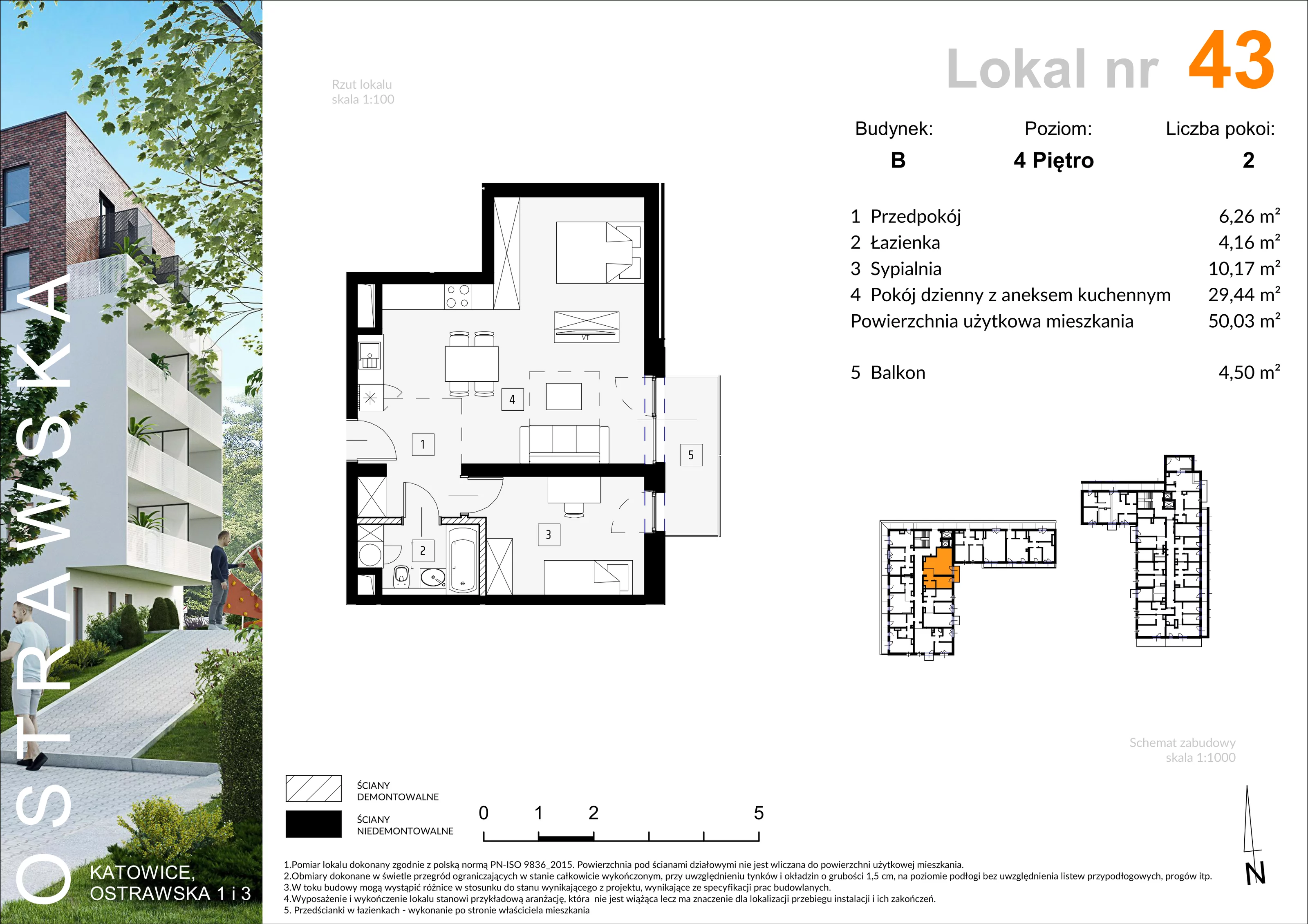 Mieszkanie 50,64 m², piętro 4, oferta nr B_M43, Ostrawska, Katowice, Ligota-Panewniki, Ligota, ul. Ostrawska