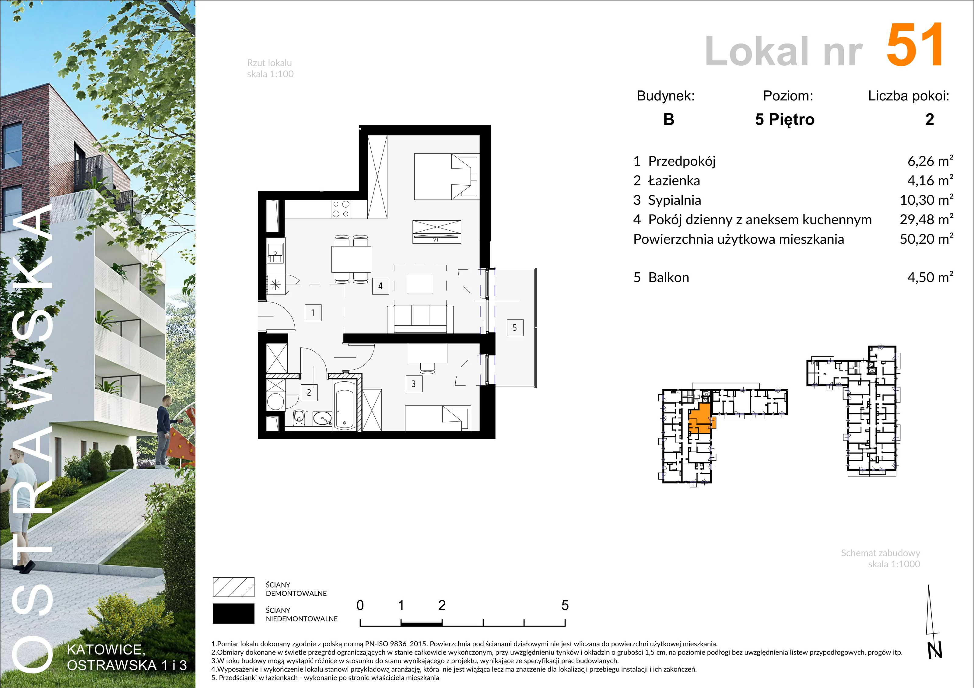Mieszkanie 50,27 m², piętro 5, oferta nr B_M51, Ostrawska, Katowice, Ligota-Panewniki, Ligota, ul. Ostrawska