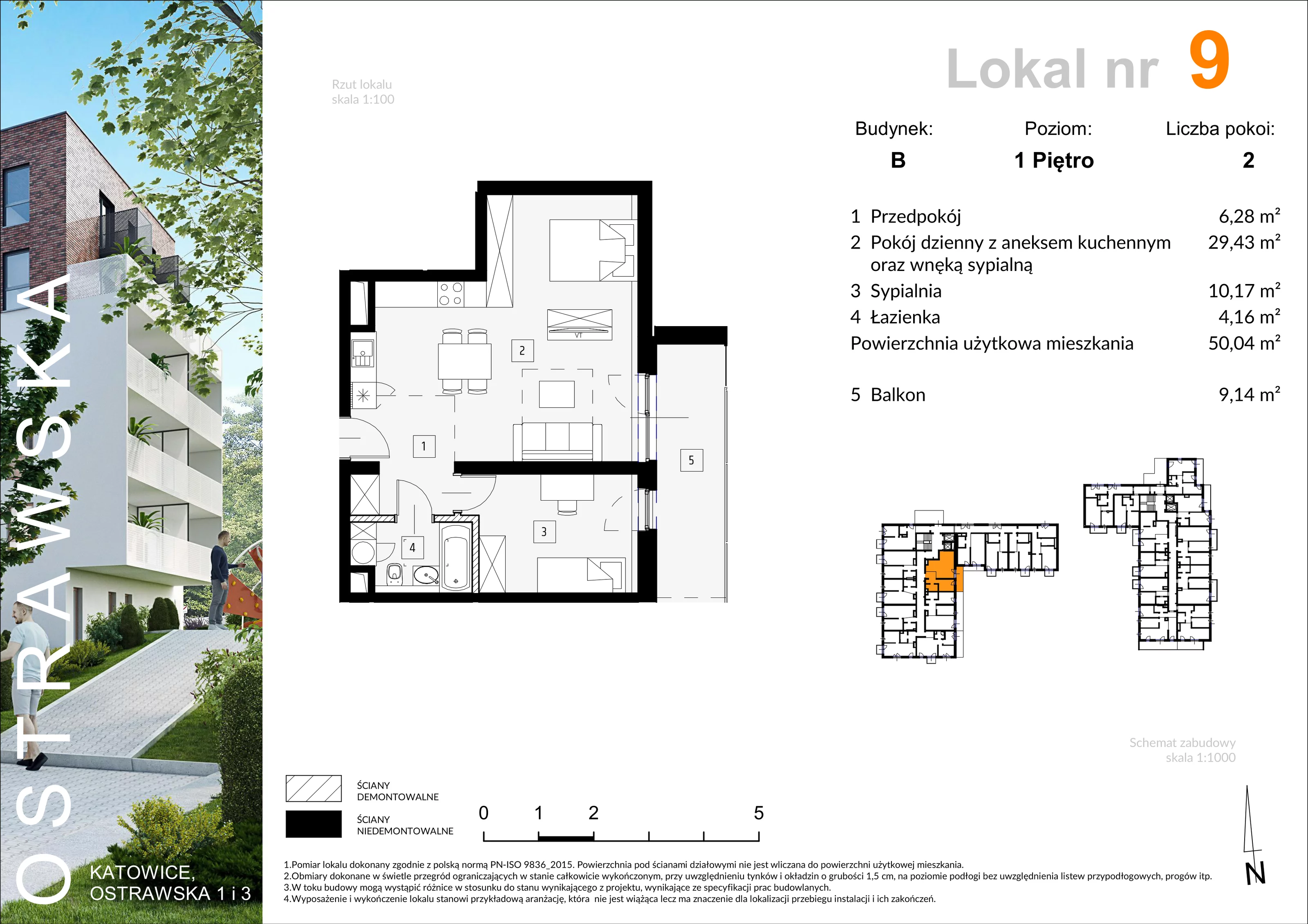 Mieszkanie 50,24 m², piętro 1, oferta nr B_M9, Ostrawska, Katowice, Ligota-Panewniki, Ligota, ul. Ostrawska