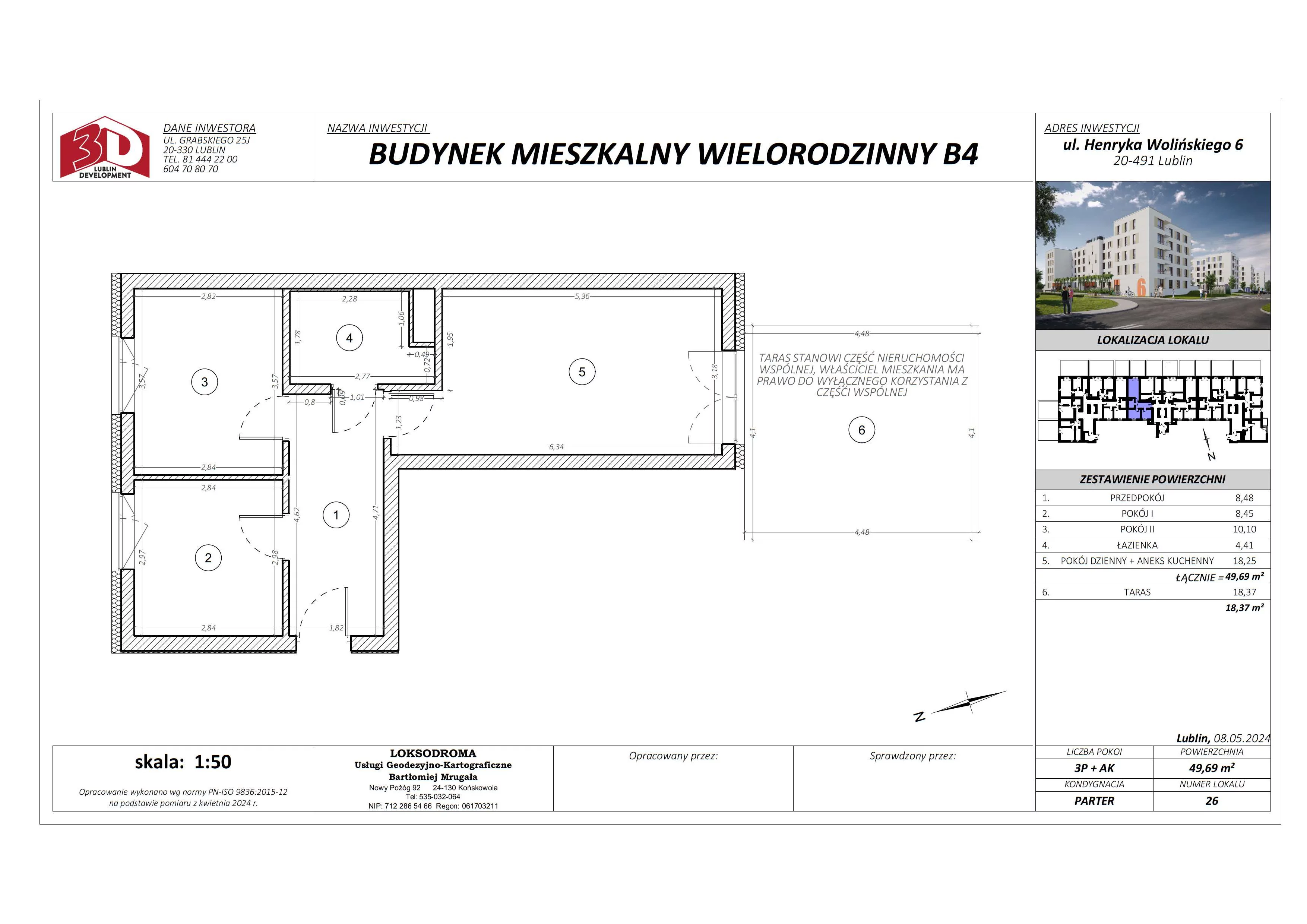 3 pokoje, mieszkanie 49,69 m², parter, oferta nr 26, Osiedle Nad Zalewem, Lublin, Wrotków, ul. Henryka Wolińskiego 6