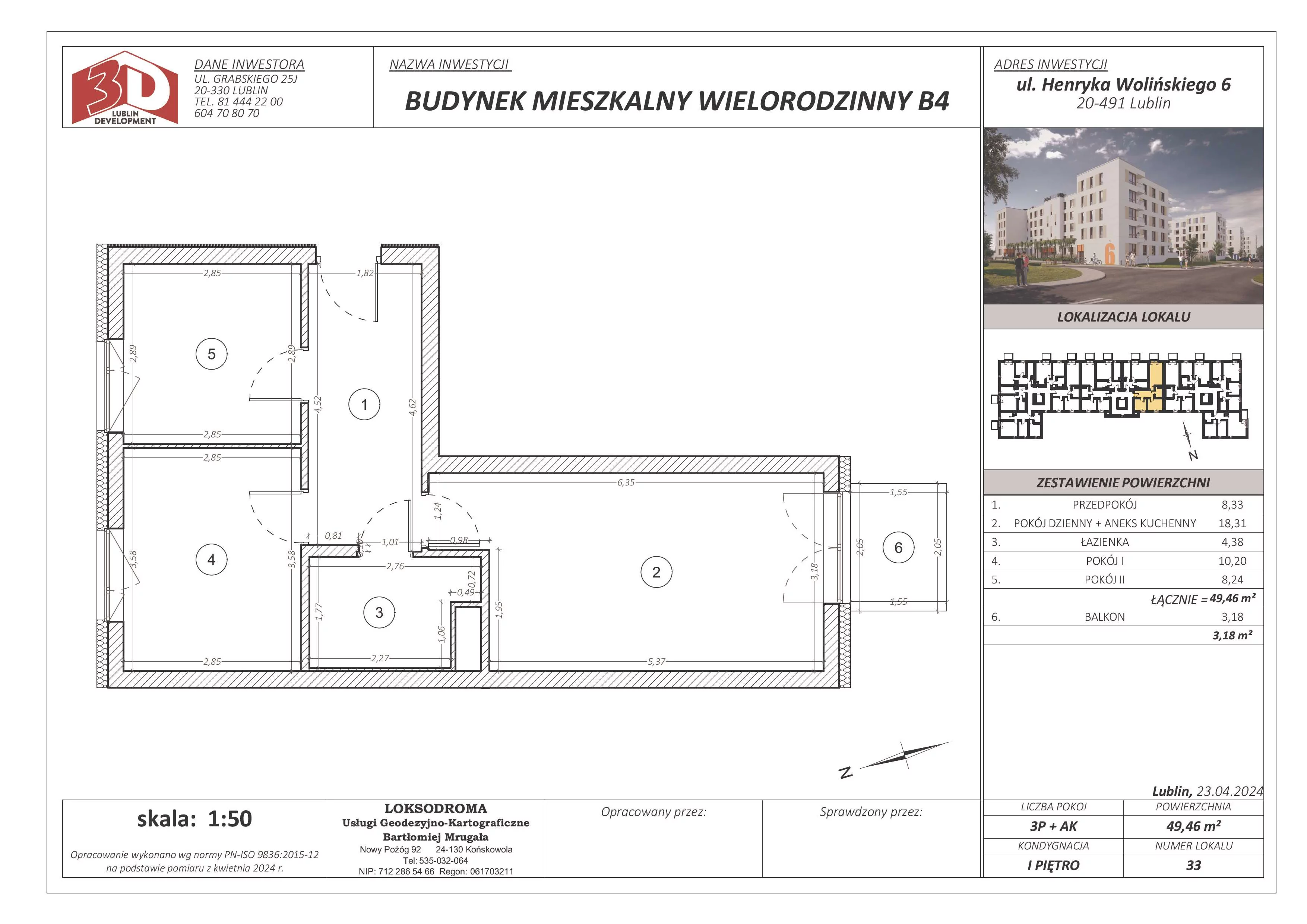 3 pokoje, mieszkanie 49,46 m², piętro 1, oferta nr 33, Osiedle Nad Zalewem, Lublin, Wrotków, ul. Henryka Wolińskiego 6