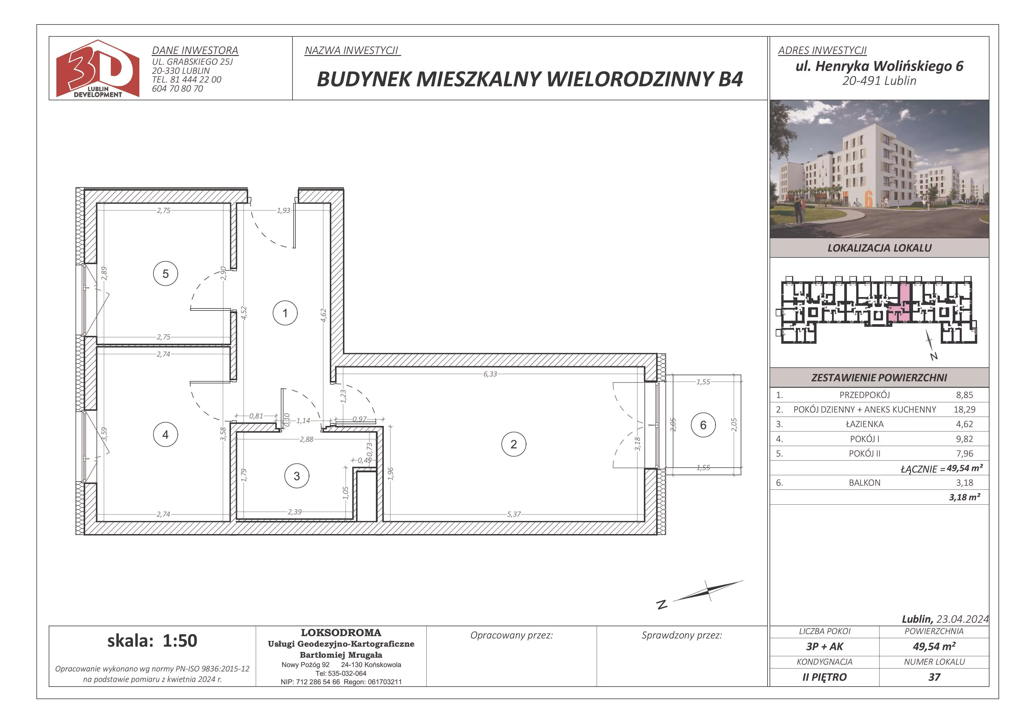 3 pokoje, mieszkanie 49,54 m², piętro 2, oferta nr 37, Osiedle Nad Zalewem, Lublin, Wrotków, ul. Henryka Wolińskiego 6