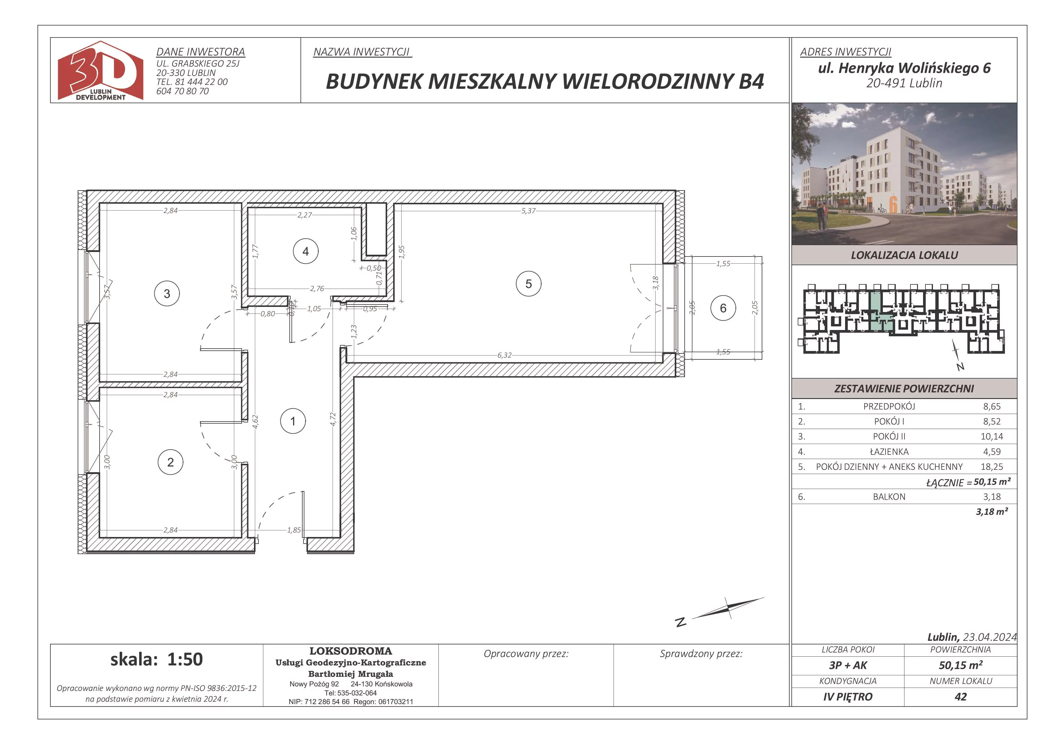 3 pokoje, mieszkanie 50,15 m², piętro 4, oferta nr 42, Osiedle Nad Zalewem, Lublin, Wrotków, ul. Henryka Wolińskiego 6