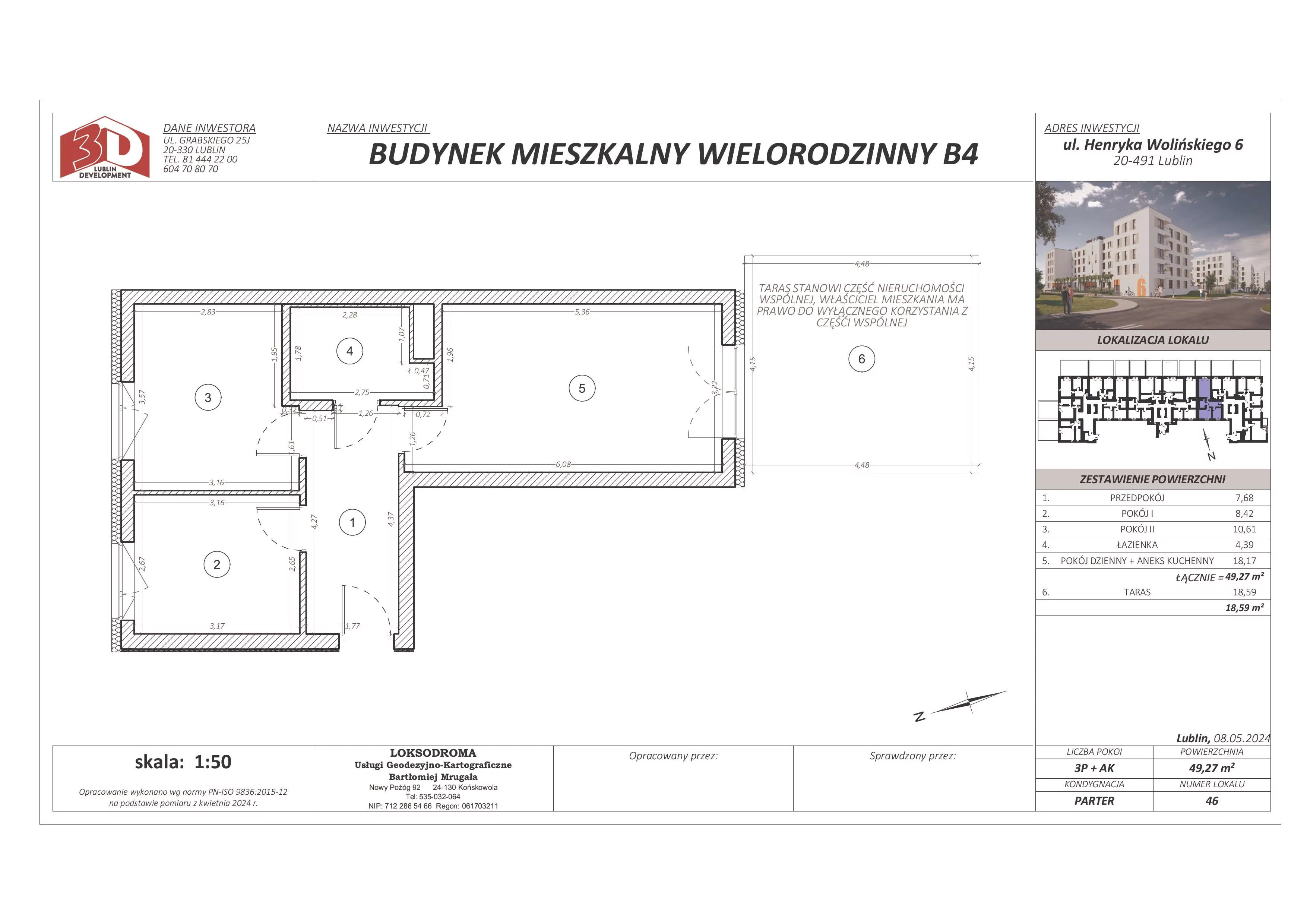 3 pokoje, mieszkanie 49,27 m², parter, oferta nr 46, Osiedle Nad Zalewem, Lublin, Wrotków, ul. Henryka Wolińskiego 6