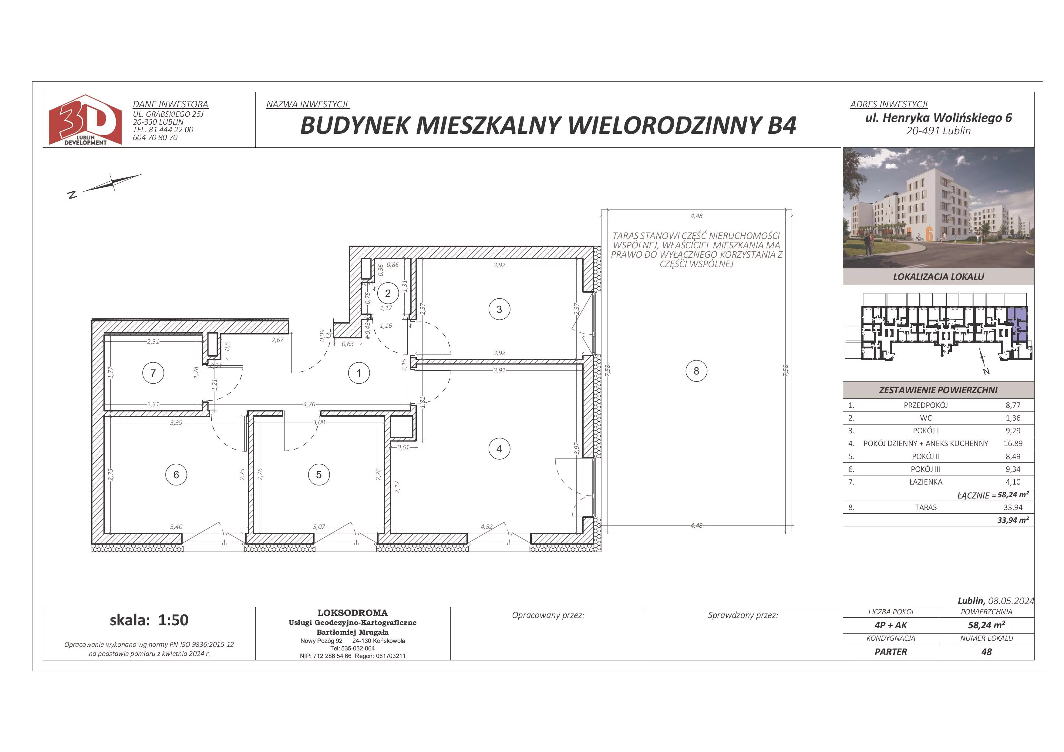 4 pokoje, mieszkanie 58,24 m², parter, oferta nr 48, Osiedle Nad Zalewem, Lublin, Wrotków, ul. Henryka Wolińskiego 6