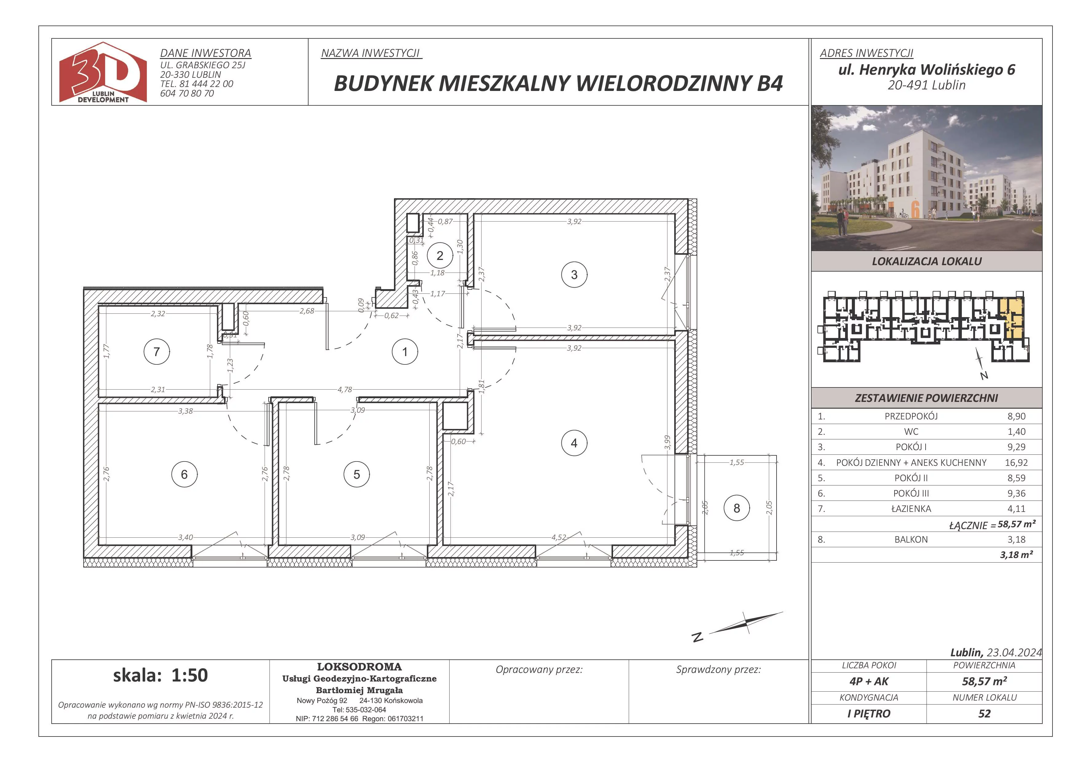 4 pokoje, mieszkanie 58,57 m², piętro 1, oferta nr 52, Osiedle Nad Zalewem, Lublin, Wrotków, ul. Henryka Wolińskiego 6
