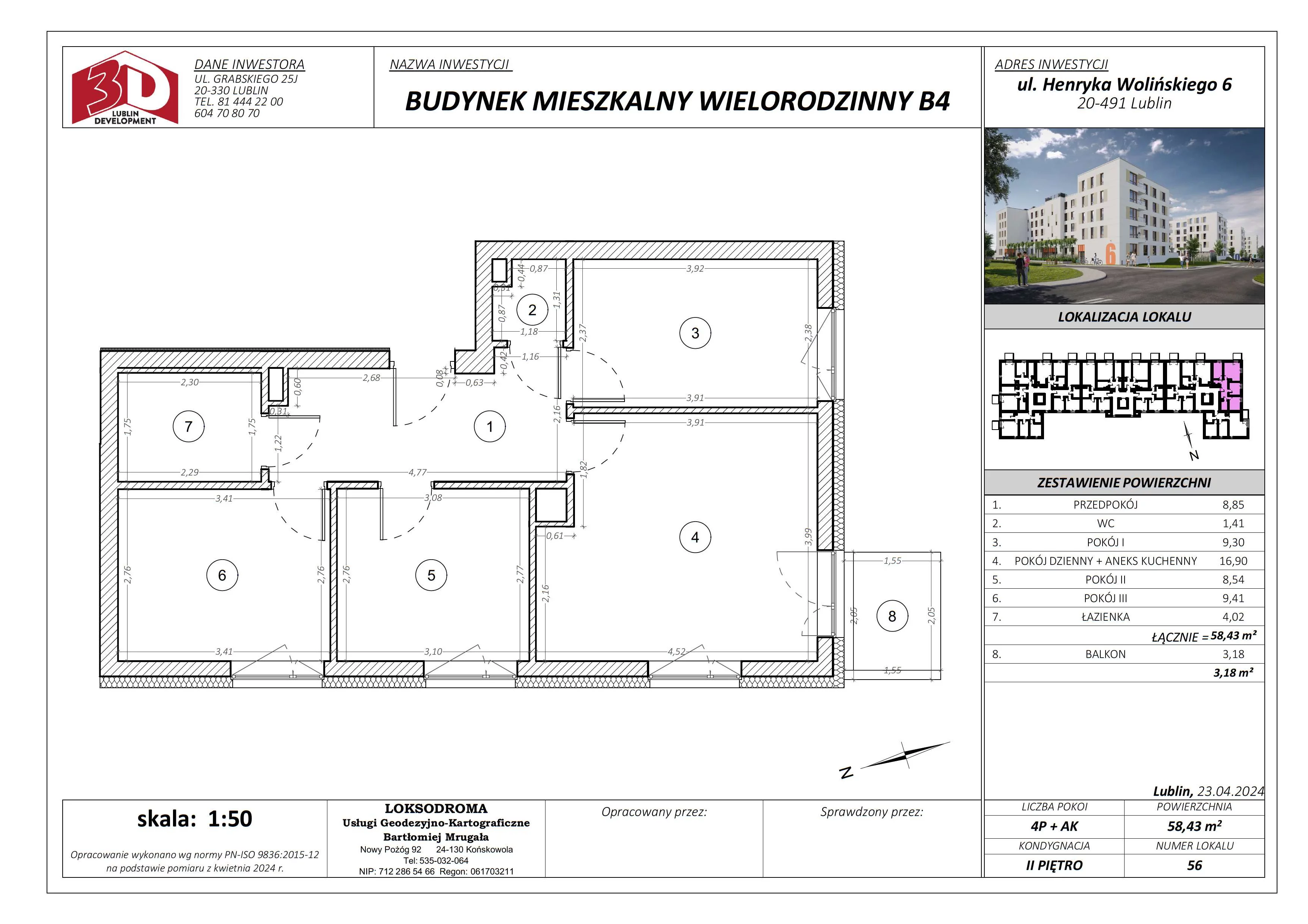 4 pokoje, mieszkanie 58,43 m², piętro 2, oferta nr 56, Osiedle Nad Zalewem, Lublin, Wrotków, ul. Henryka Wolińskiego 6