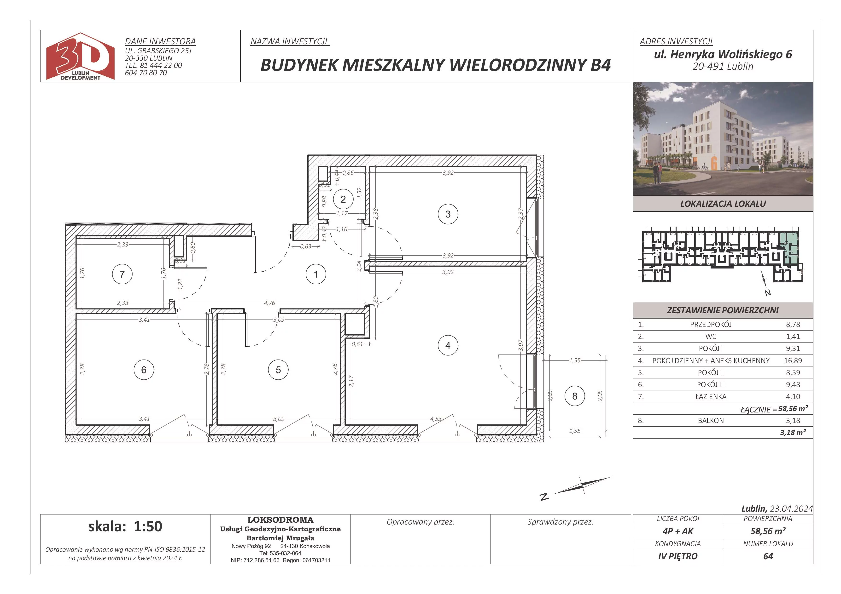 4 pokoje, mieszkanie 58,56 m², piętro 4, oferta nr 64, Osiedle Nad Zalewem, Lublin, Wrotków, ul. Henryka Wolińskiego 6