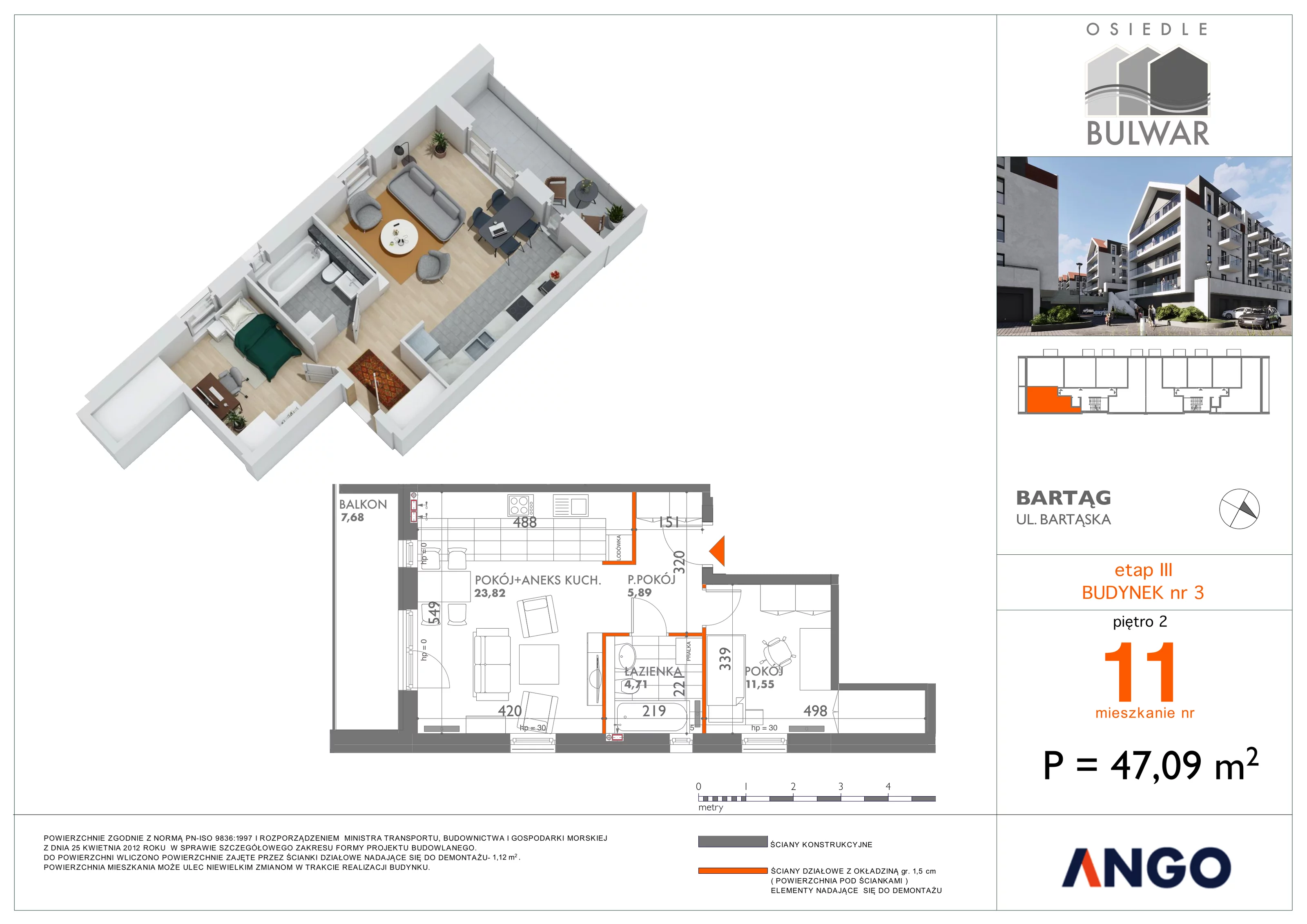 Mieszkanie 47,09 m², piętro 2, oferta nr 11, Osiedle Bulwar, Bartąg, ul. Bartąska