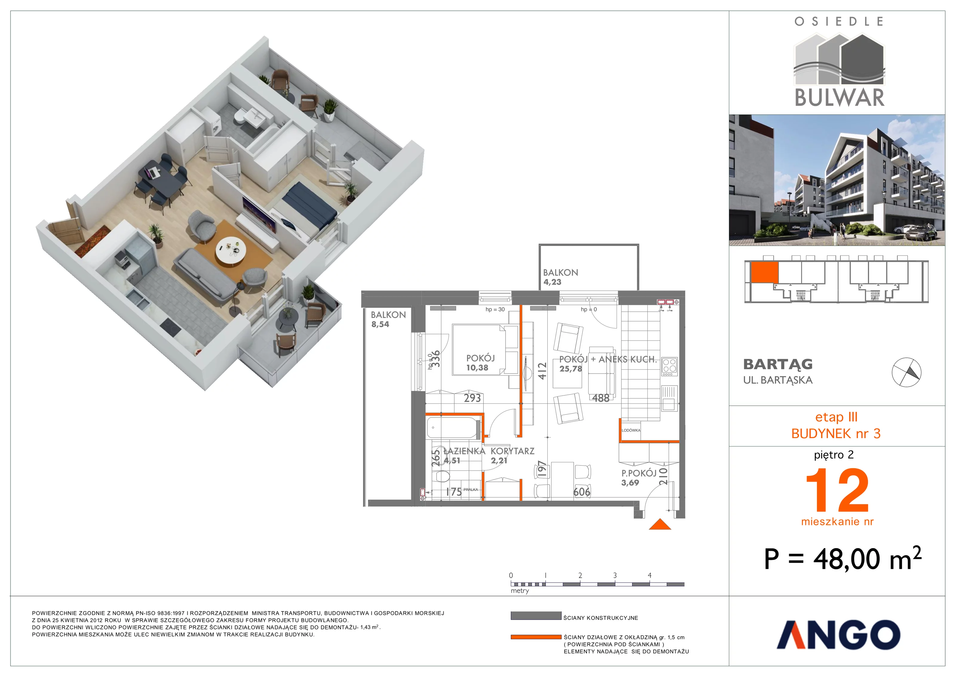 Mieszkanie 48,00 m², piętro 2, oferta nr 12, Osiedle Bulwar, Bartąg, ul. Bartąska