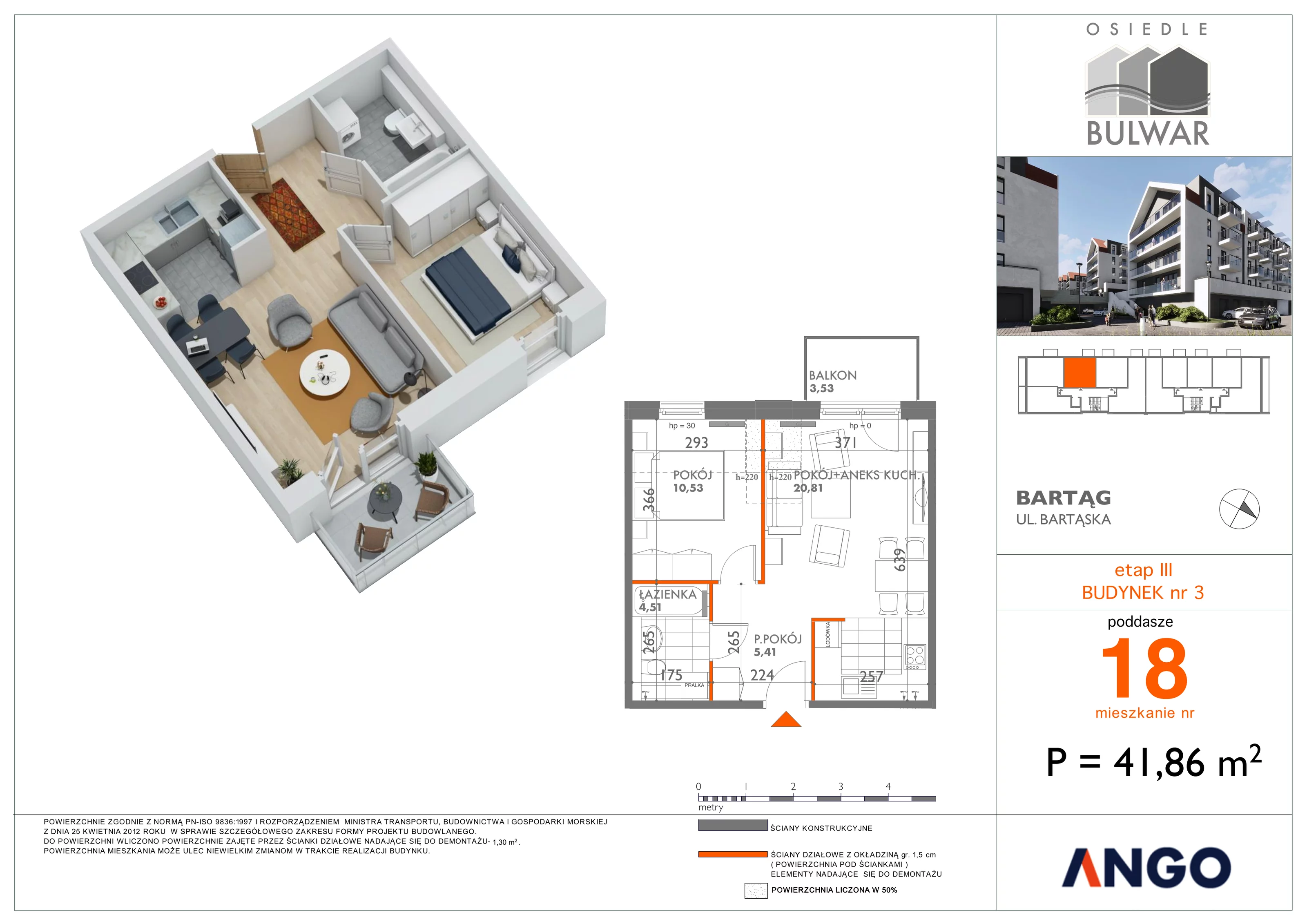 Mieszkanie 41,86 m², piętro 3, oferta nr 18, Osiedle Bulwar, Bartąg, ul. Bartąska