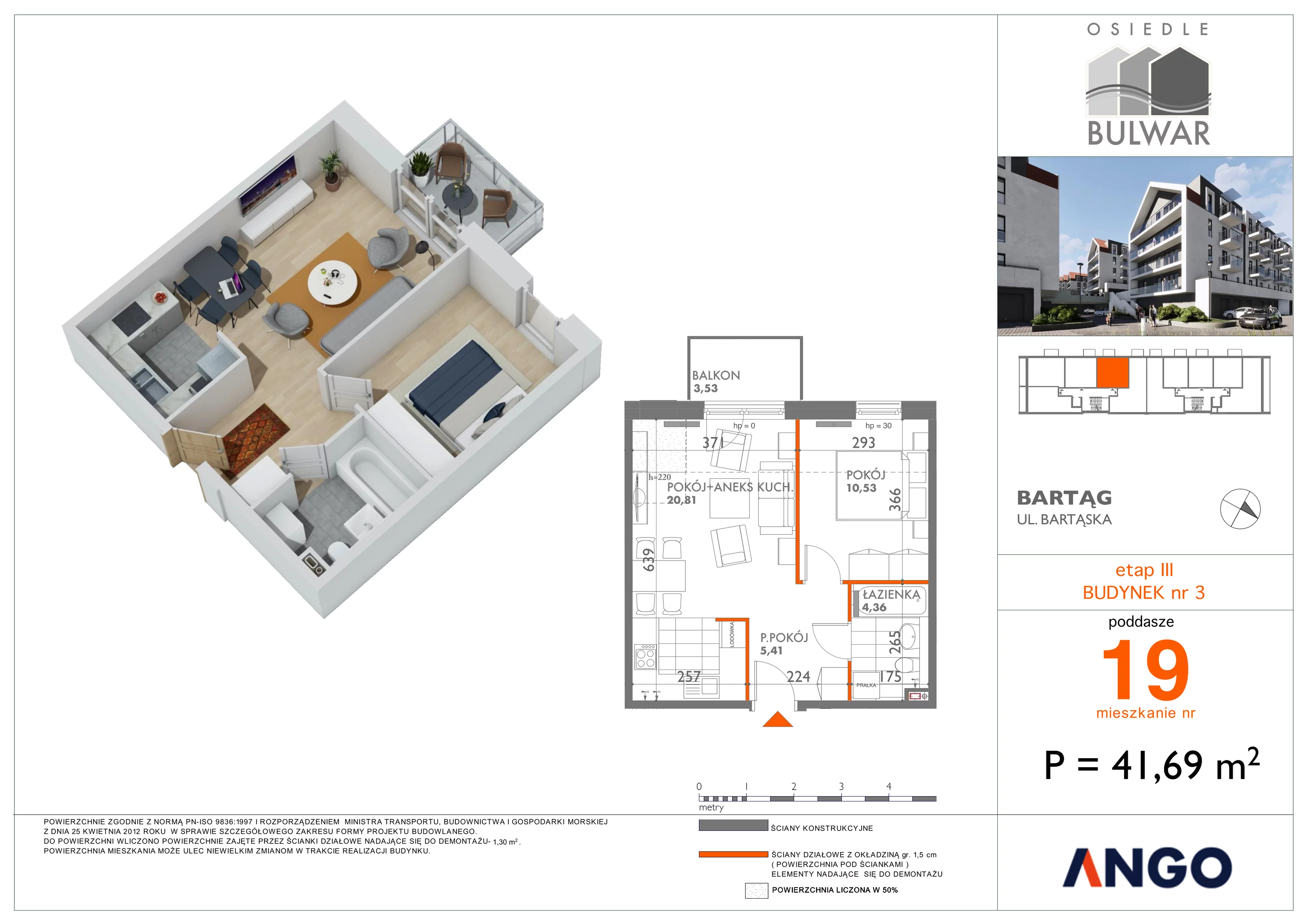 Mieszkanie 41,69 m², piętro 3, oferta nr 19, Osiedle Bulwar, Bartąg, ul. Bartąska