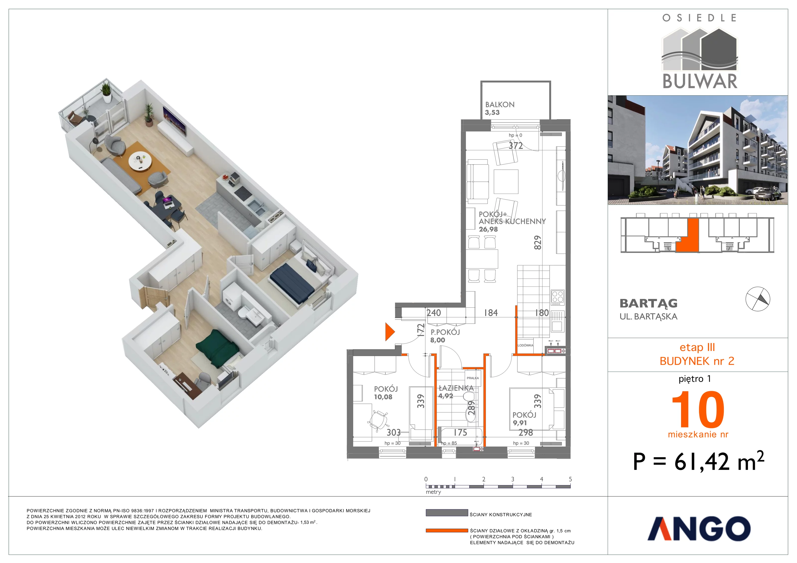 3 pokoje, mieszkanie 61,42 m², piętro 1, oferta nr 10, Osiedle Bulwar, Olsztyn, ul. Sprzętowa 2