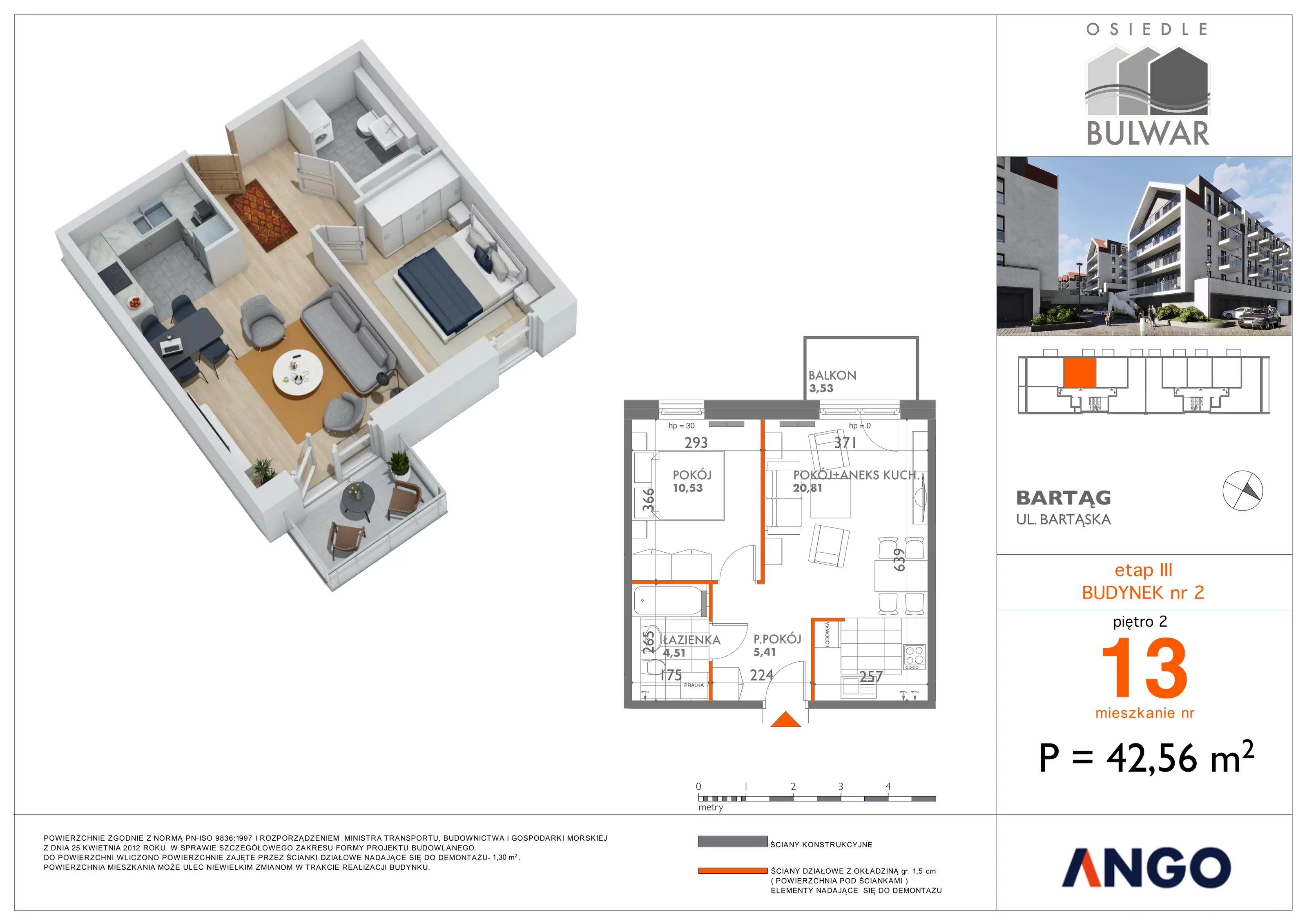 2 pokoje, mieszkanie 42,56 m², piętro 2, oferta nr 13, Osiedle Bulwar, Olsztyn, ul. Sprzętowa 2