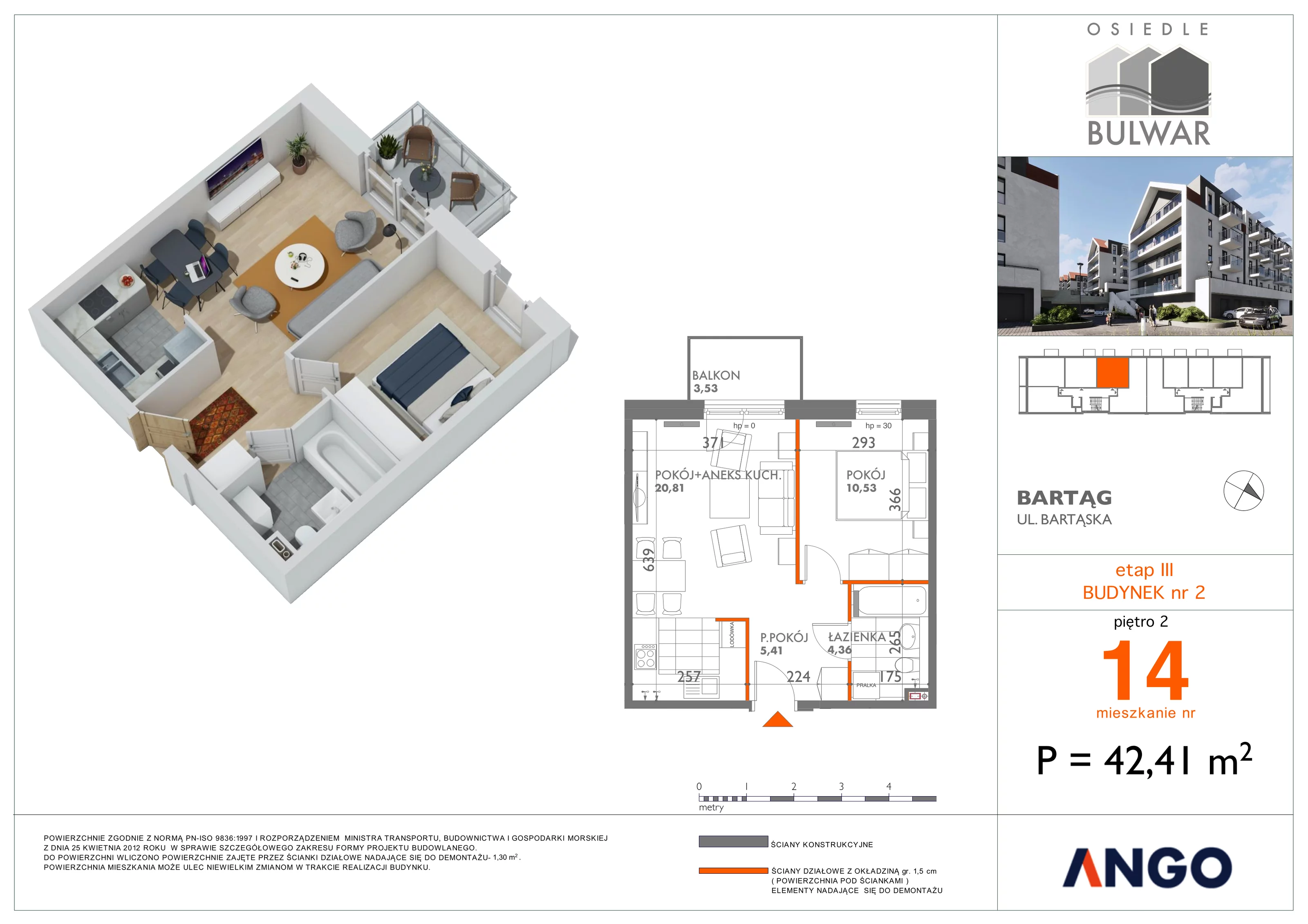 2 pokoje, mieszkanie 42,41 m², piętro 2, oferta nr 14, Osiedle Bulwar, Olsztyn, ul. Sprzętowa 2