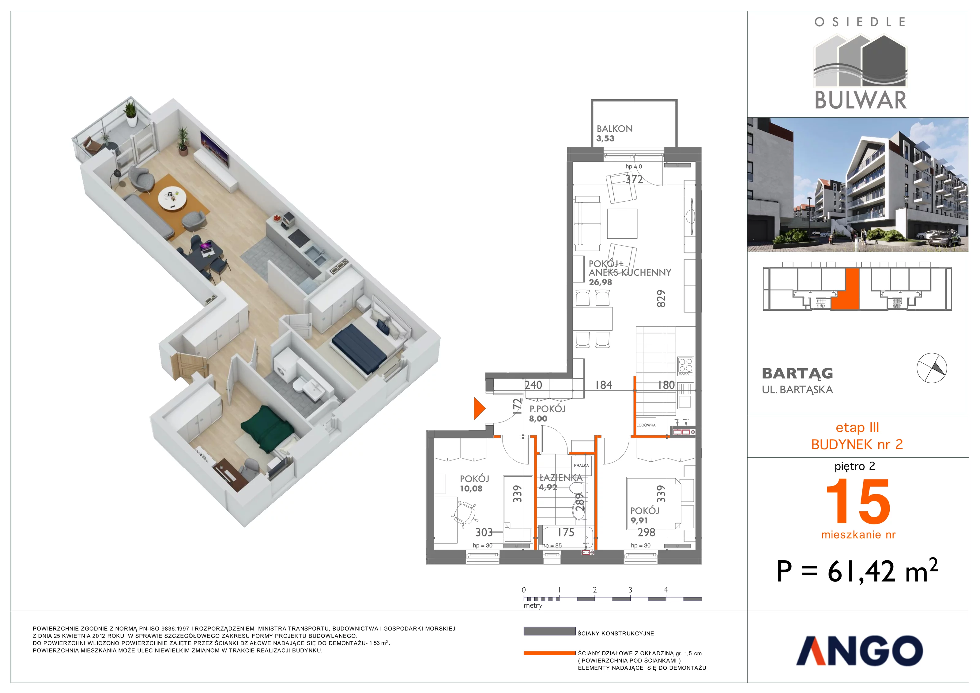 3 pokoje, mieszkanie 61,42 m², piętro 2, oferta nr 15, Osiedle Bulwar, Olsztyn, ul. Sprzętowa 2