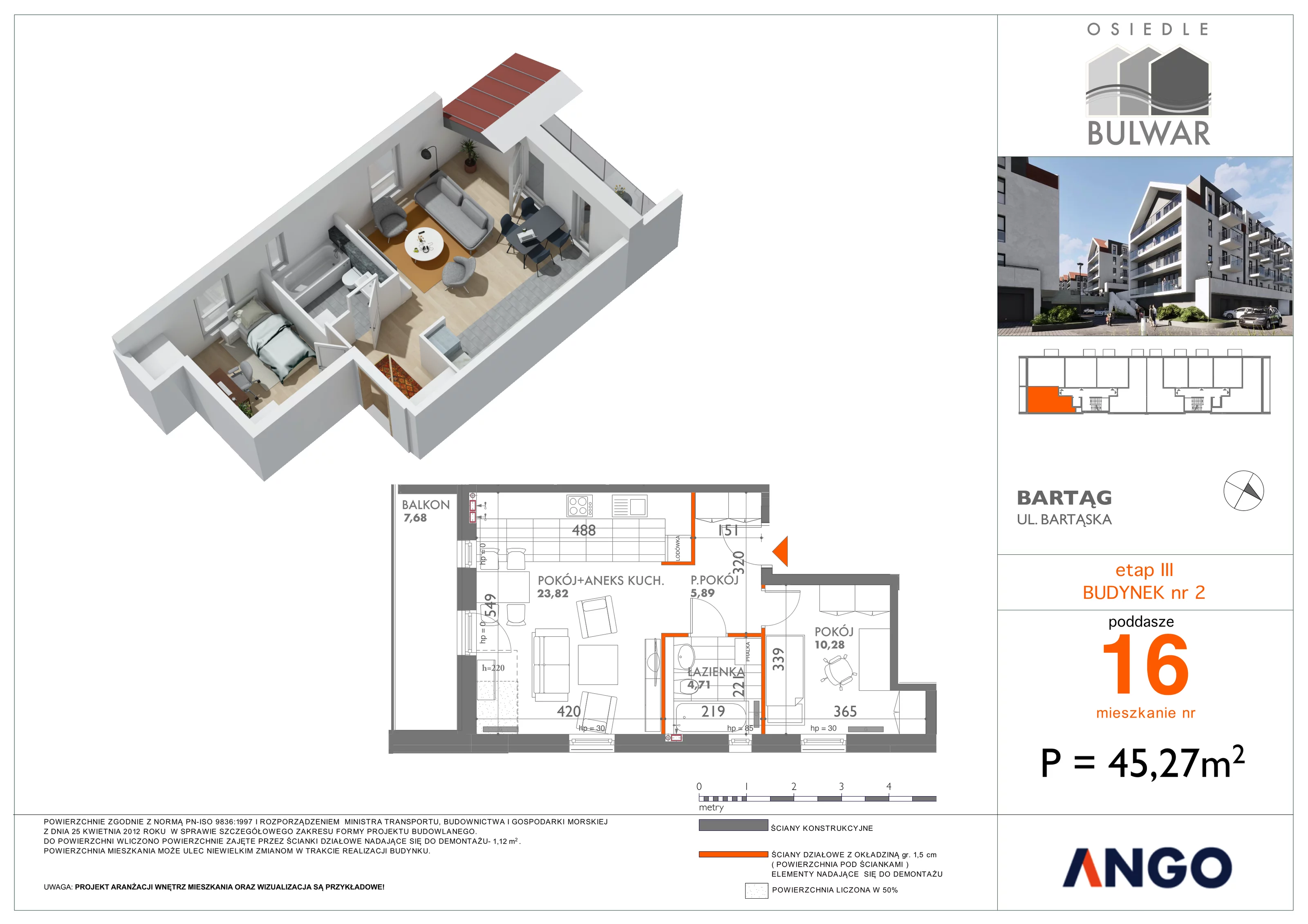 2 pokoje, mieszkanie 45,82 m², piętro 3, oferta nr 16, Osiedle Bulwar, Olsztyn, ul. Sprzętowa 2