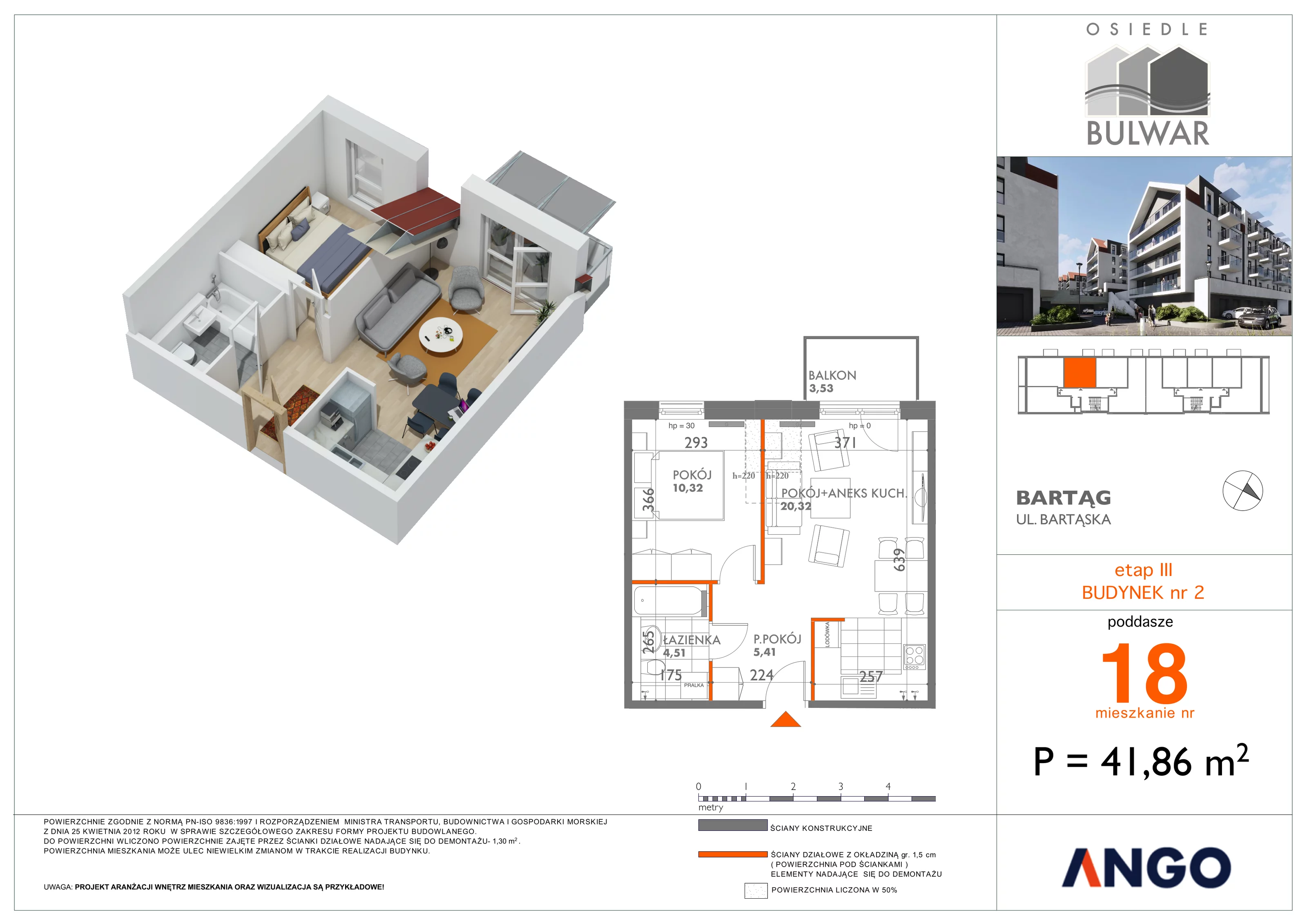 2 pokoje, mieszkanie 41,86 m², piętro 3, oferta nr 18, Osiedle Bulwar, Olsztyn, ul. Sprzętowa 2