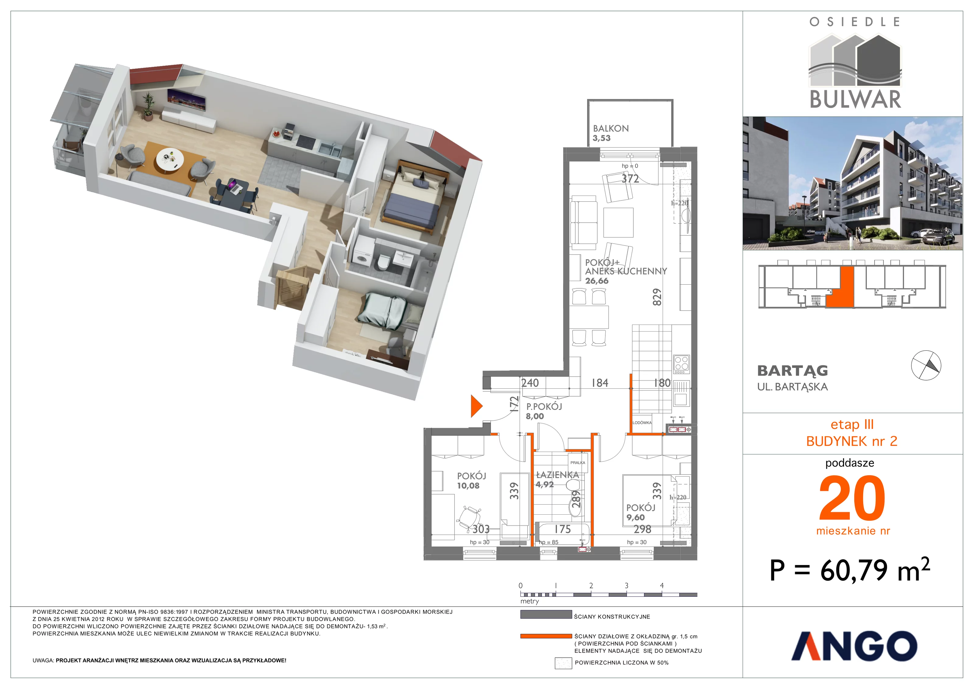 3 pokoje, mieszkanie 60,79 m², piętro 3, oferta nr 20, Osiedle Bulwar, Olsztyn, ul. Sprzętowa 2