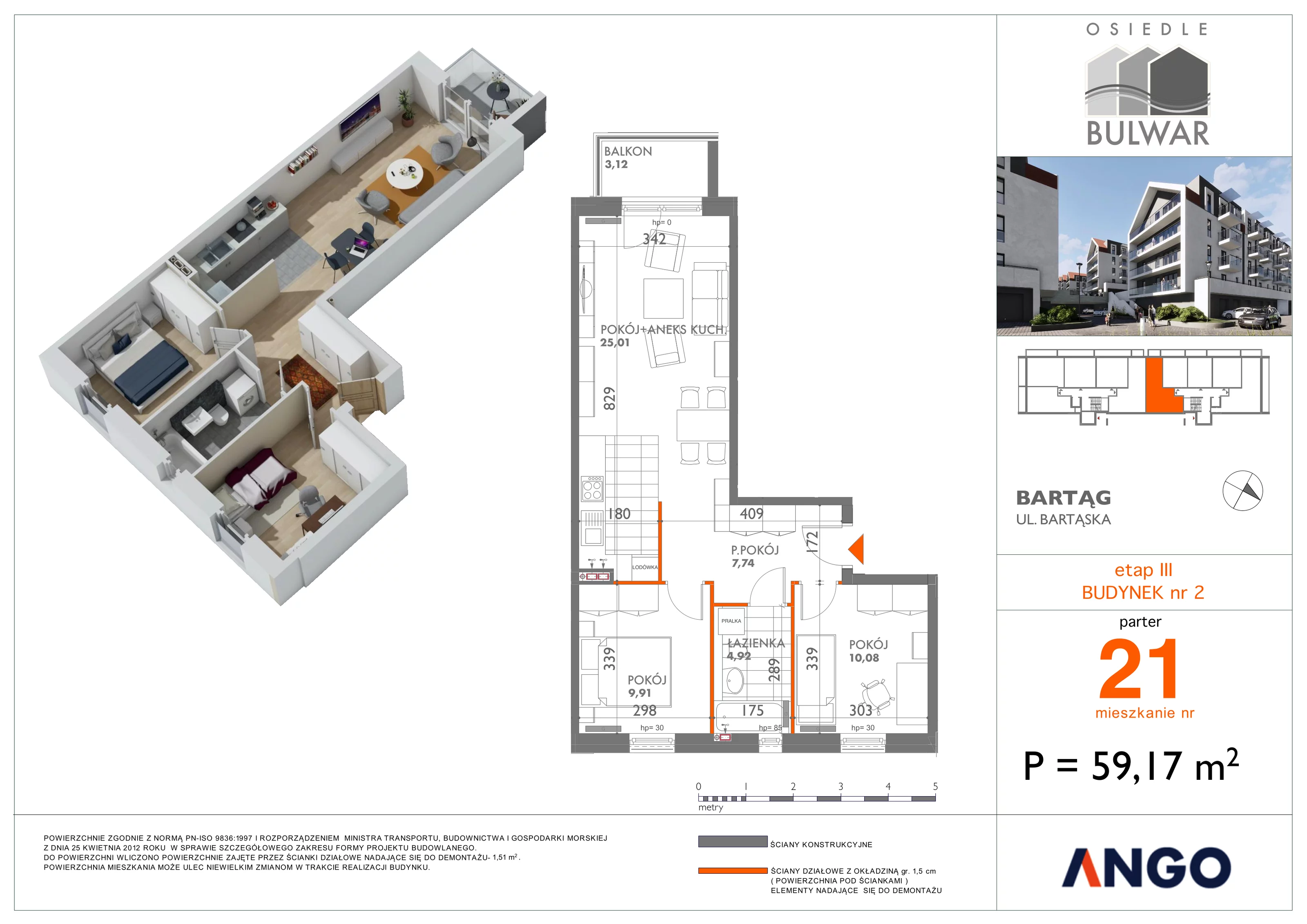 3 pokoje, mieszkanie 59,17 m², parter, oferta nr 21, Osiedle Bulwar, Olsztyn, ul. Sprzętowa 2