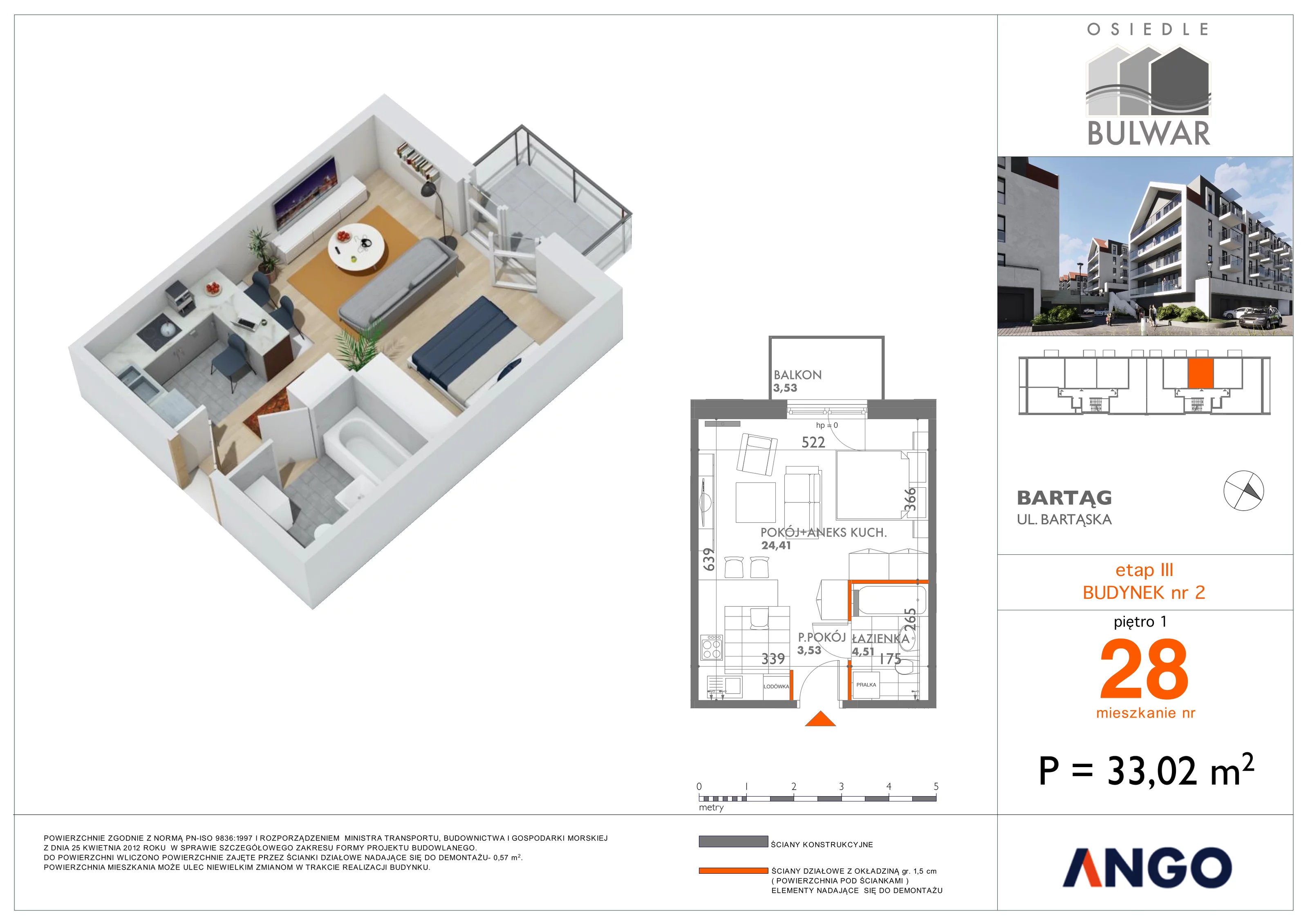 1 pokój, mieszkanie 33,02 m², piętro 1, oferta nr 28, Osiedle Bulwar, Olsztyn, ul. Sprzętowa 2