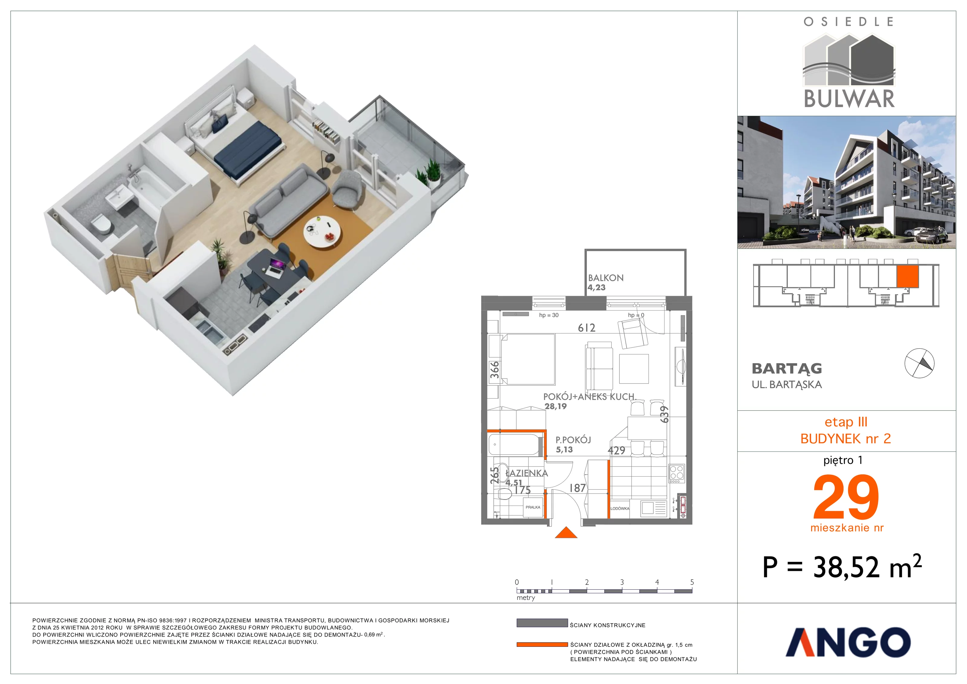 1 pokój, mieszkanie 38,52 m², piętro 1, oferta nr 29, Osiedle Bulwar, Olsztyn, ul. Sprzętowa 2