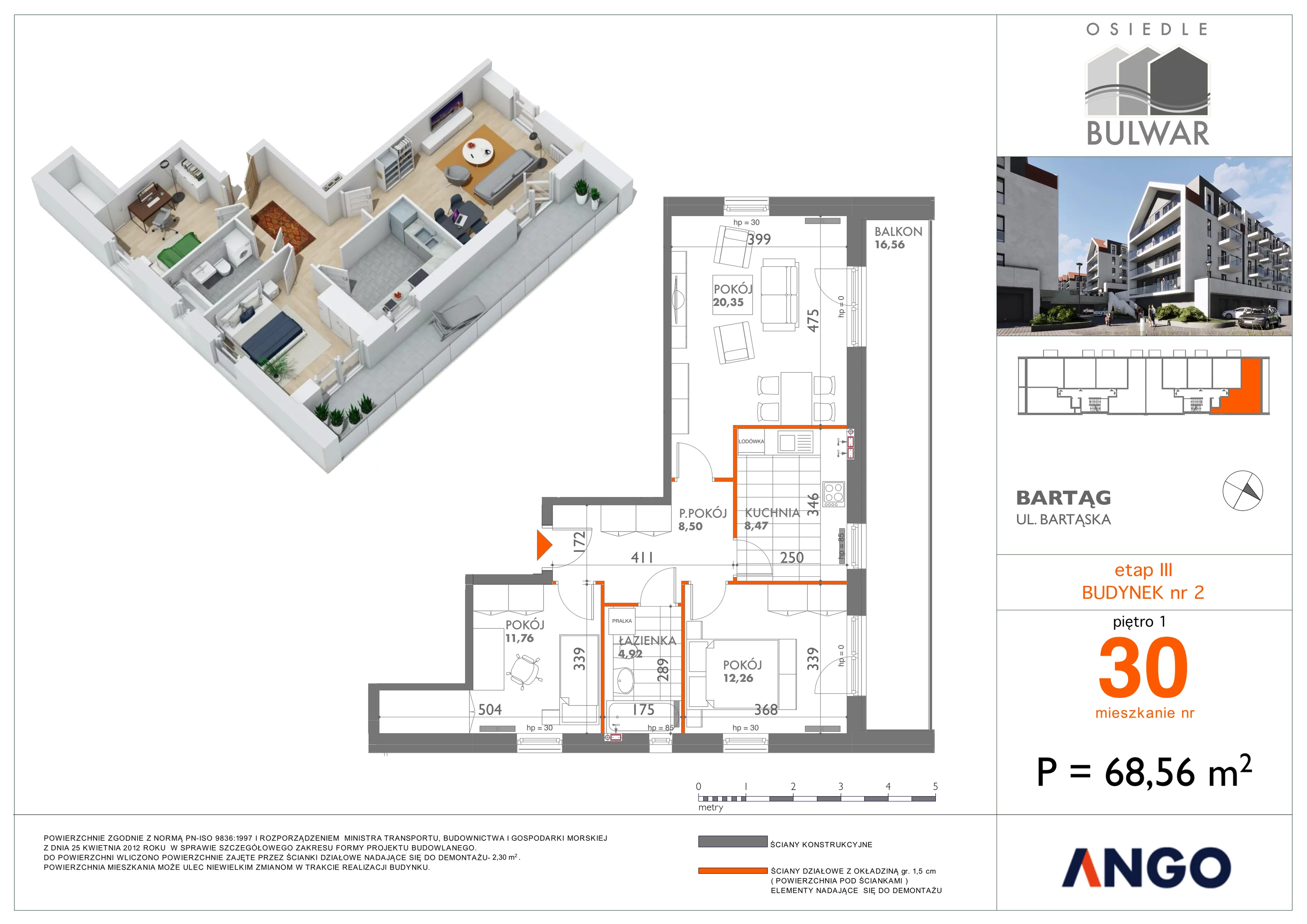 3 pokoje, mieszkanie 68,56 m², piętro 1, oferta nr 30, Osiedle Bulwar, Olsztyn, ul. Sprzętowa 2