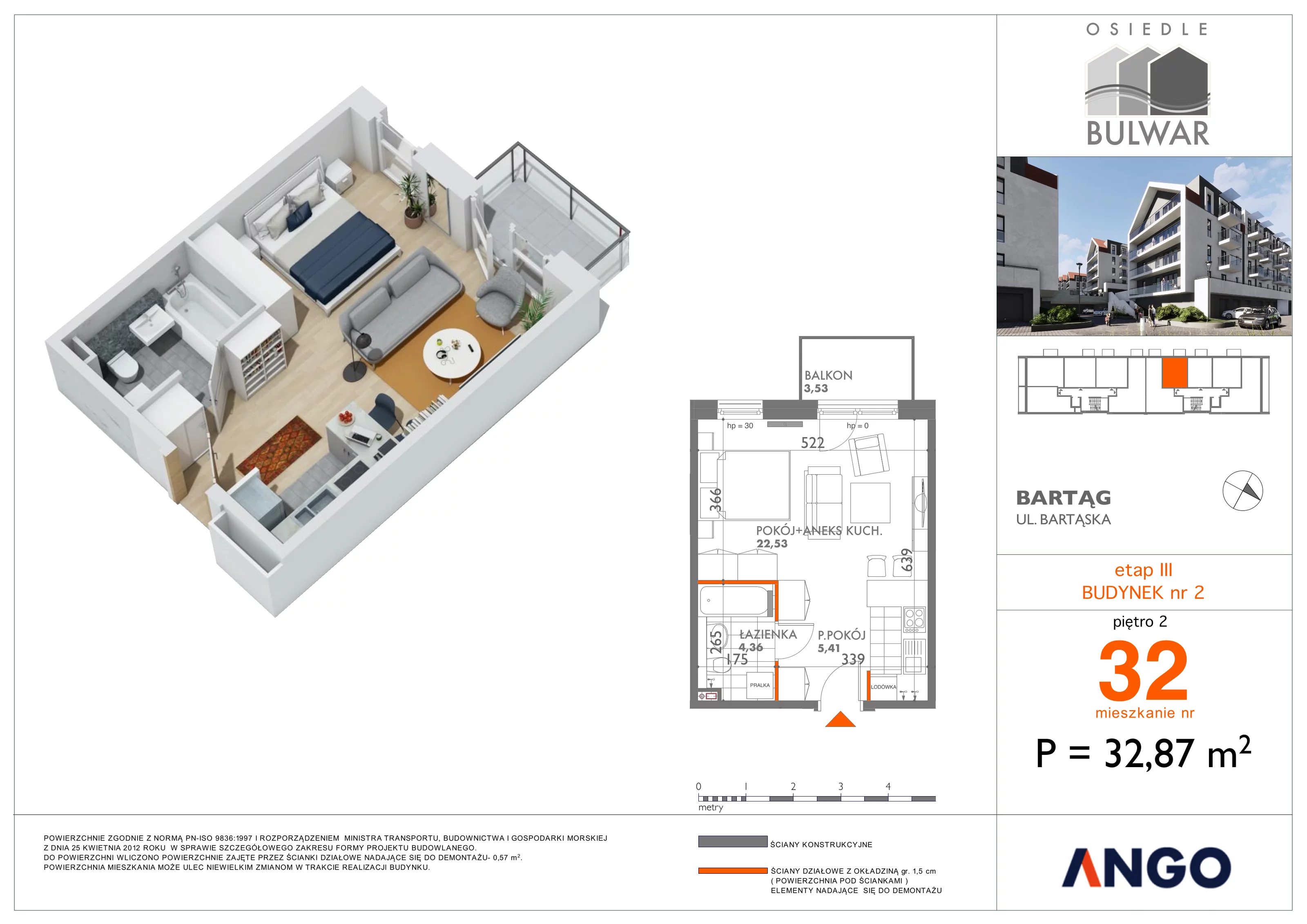 1 pokój, mieszkanie 32,87 m², piętro 2, oferta nr 32, Osiedle Bulwar, Olsztyn, ul. Sprzętowa 2