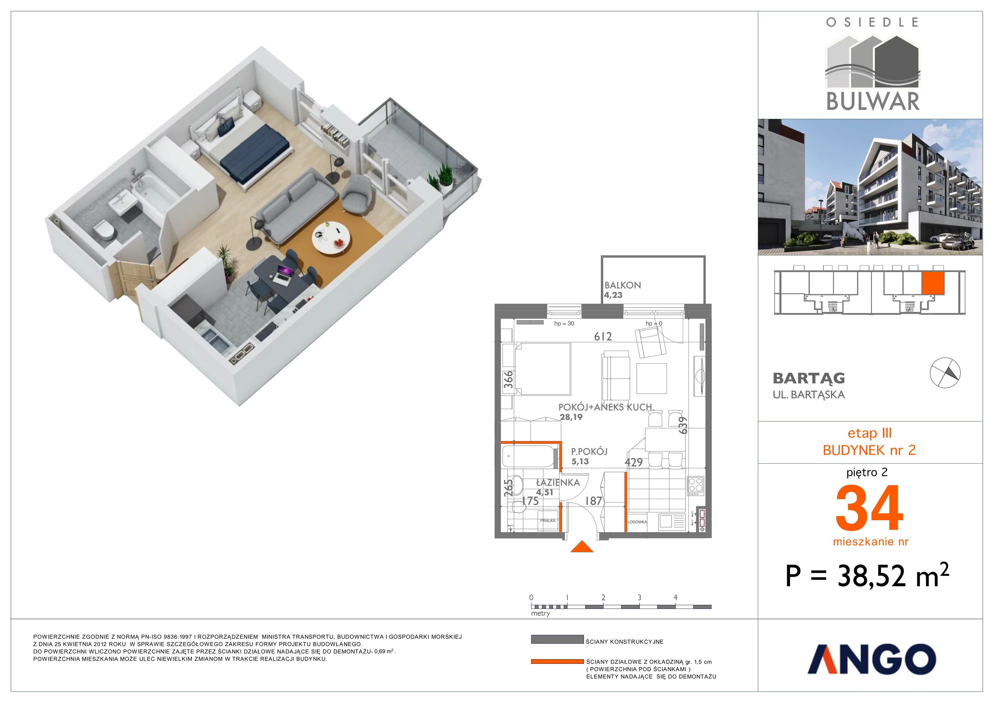 1 pokój, mieszkanie 38,52 m², piętro 2, oferta nr 34, Osiedle Bulwar, Olsztyn, ul. Sprzętowa 2
