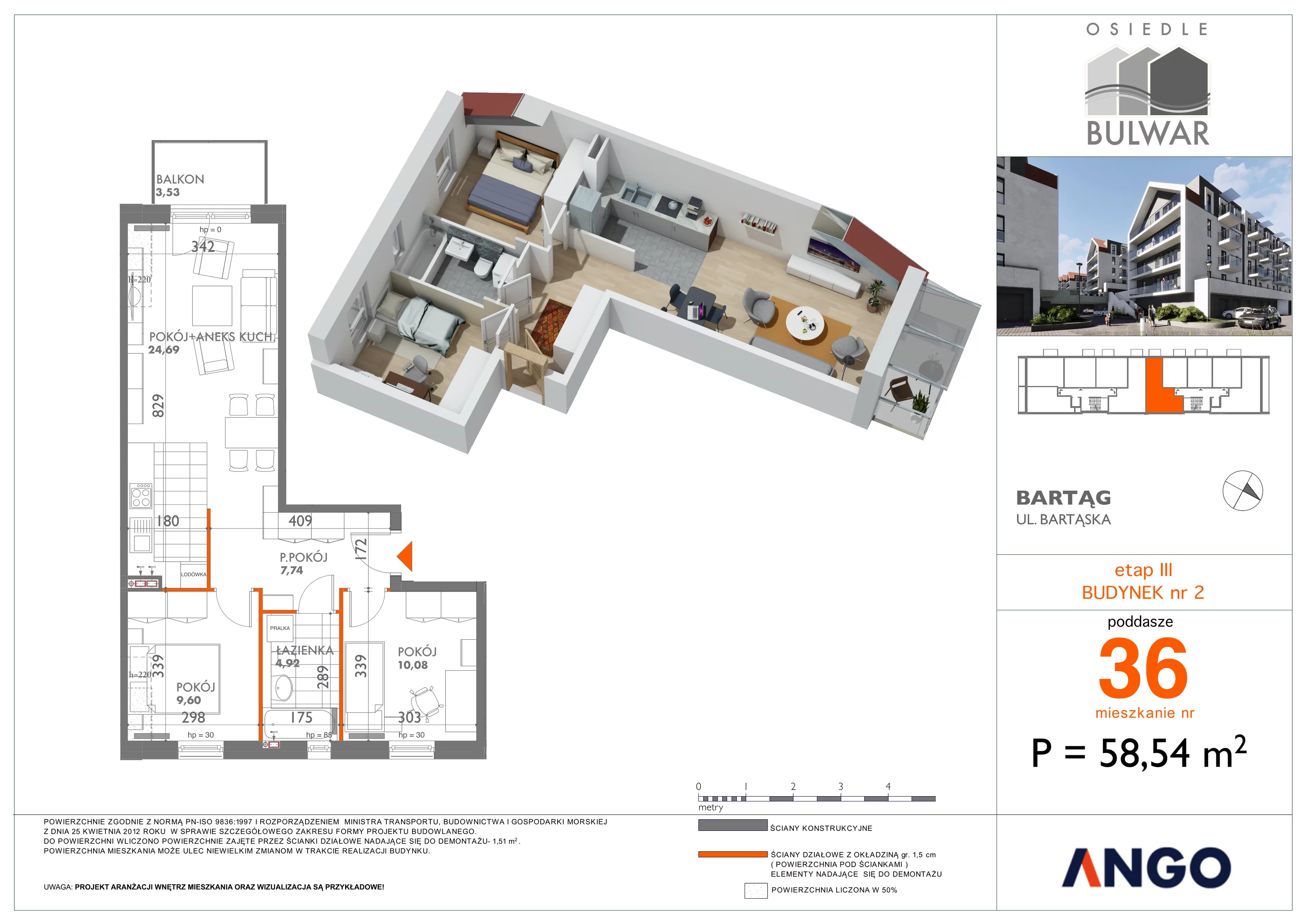3 pokoje, mieszkanie 58,54 m², piętro 3, oferta nr 36, Osiedle Bulwar, Olsztyn, ul. Sprzętowa 2