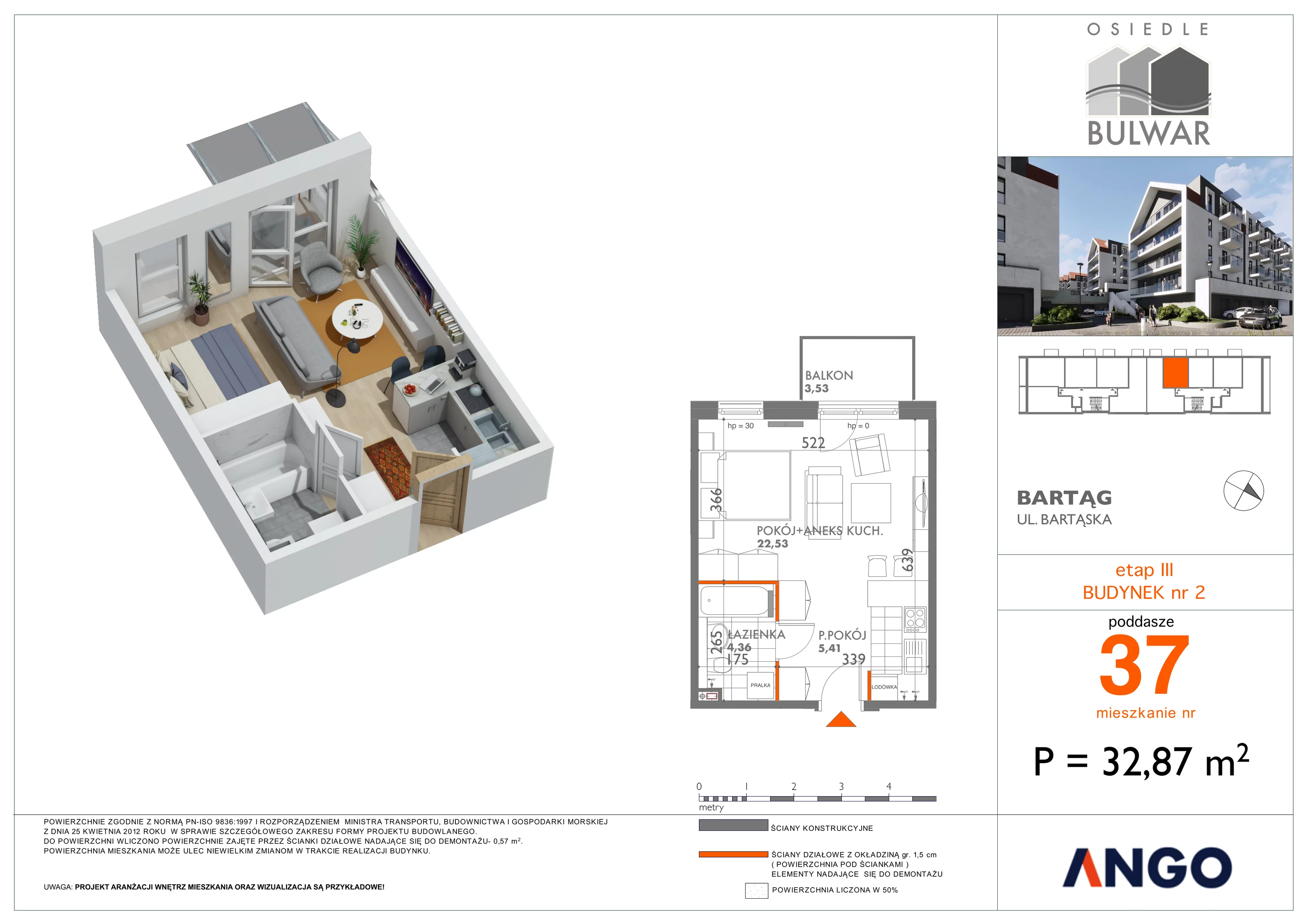 1 pokój, mieszkanie 32,87 m², piętro 3, oferta nr 37, Osiedle Bulwar, Olsztyn, ul. Sprzętowa 2