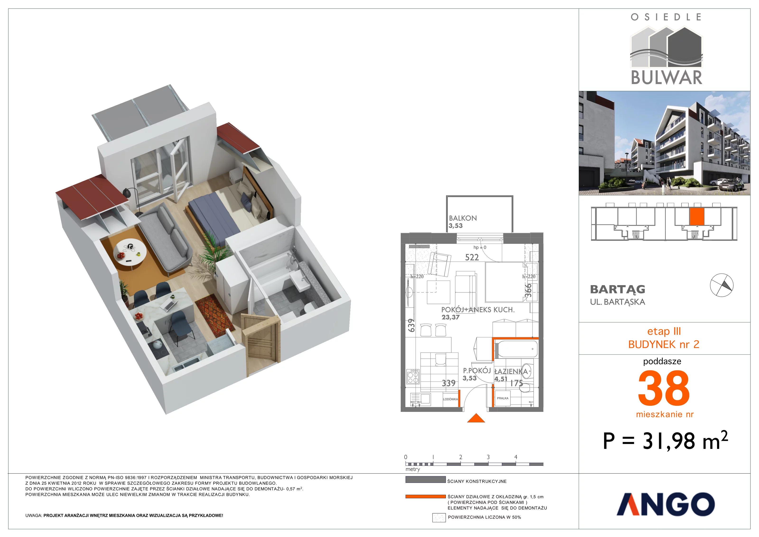 1 pokój, mieszkanie 31,98 m², piętro 3, oferta nr 38, Osiedle Bulwar, Olsztyn, ul. Sprzętowa 2