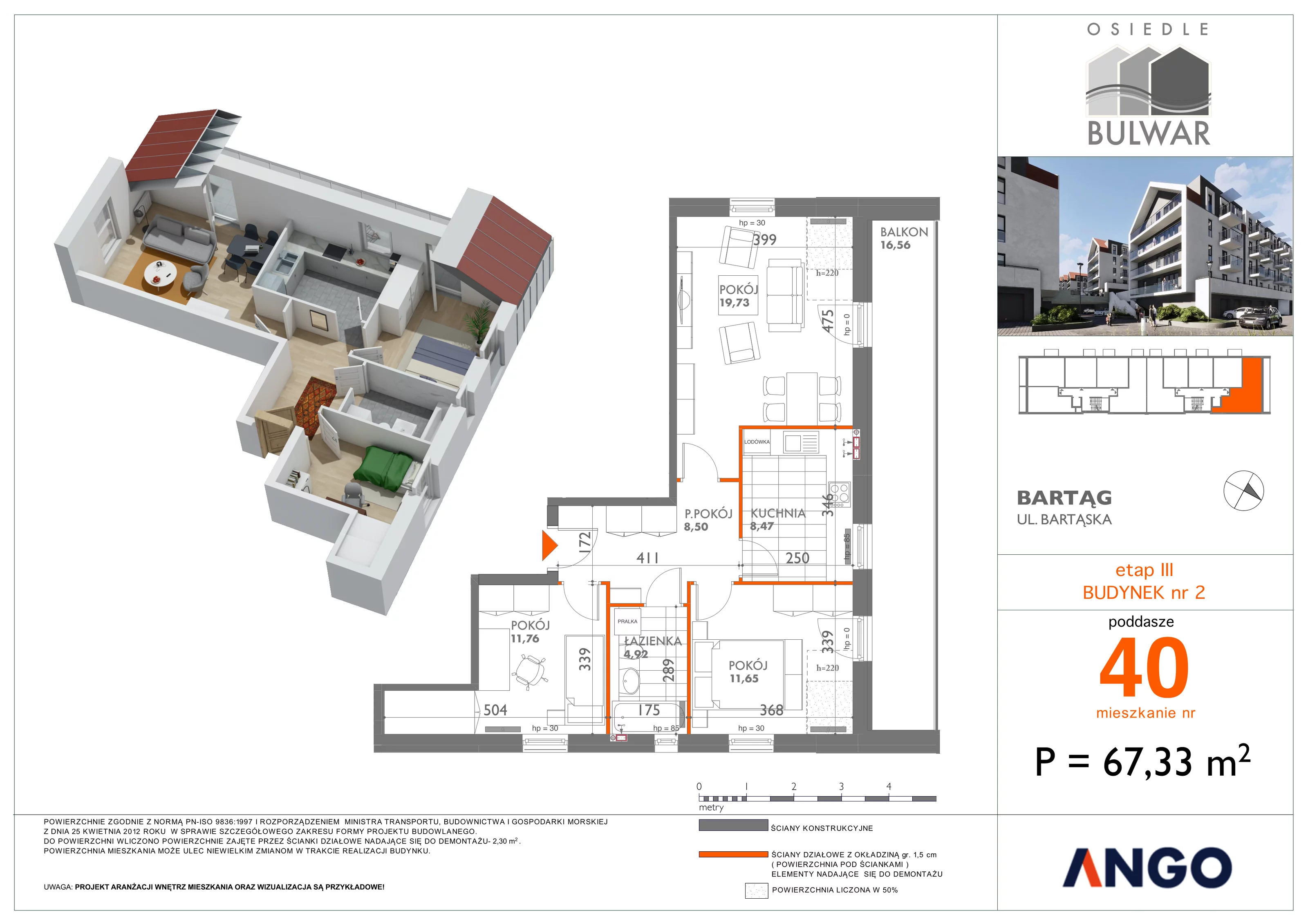 3 pokoje, mieszkanie 67,33 m², piętro 3, oferta nr 40, Osiedle Bulwar, Olsztyn, ul. Sprzętowa 2