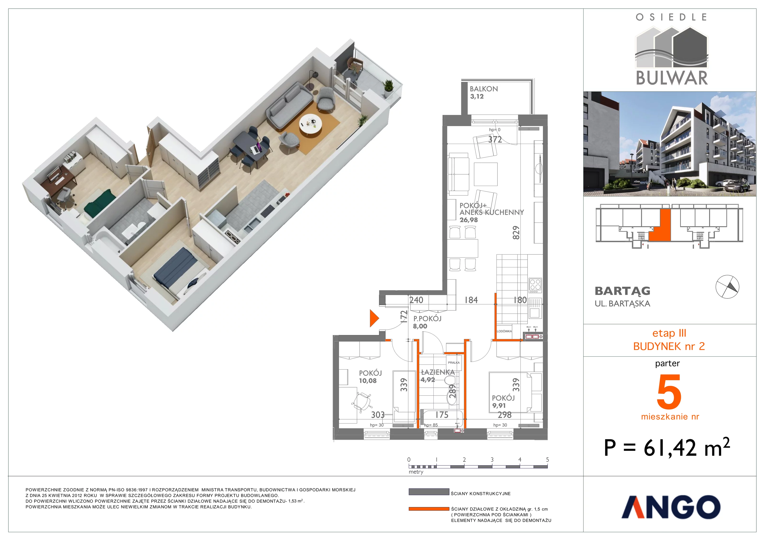 3 pokoje, mieszkanie 61,42 m², parter, oferta nr 5, Osiedle Bulwar, Olsztyn, ul. Sprzętowa 2
