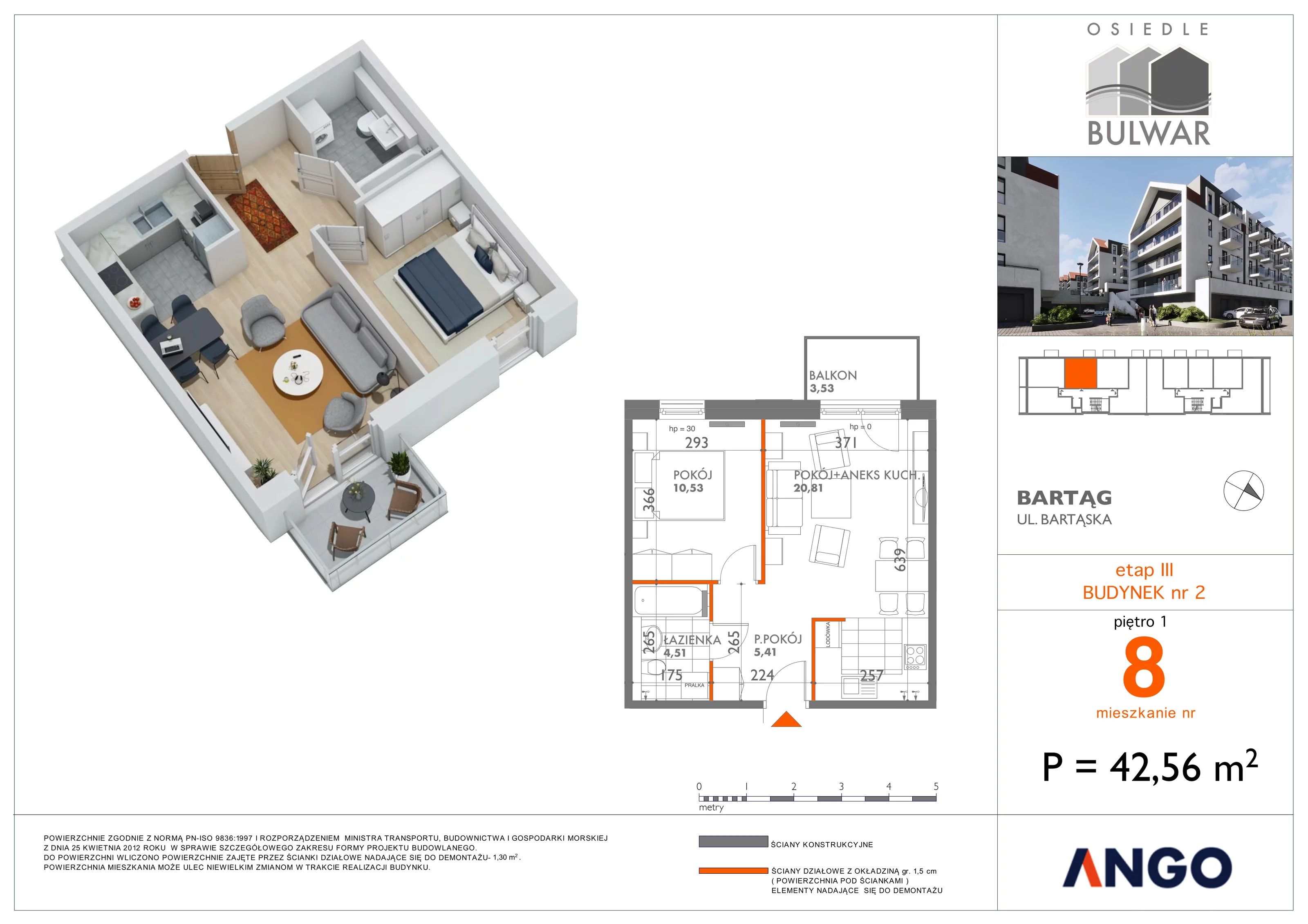 2 pokoje, mieszkanie 42,56 m², piętro 1, oferta nr 8, Osiedle Bulwar, Olsztyn, ul. Sprzętowa 2