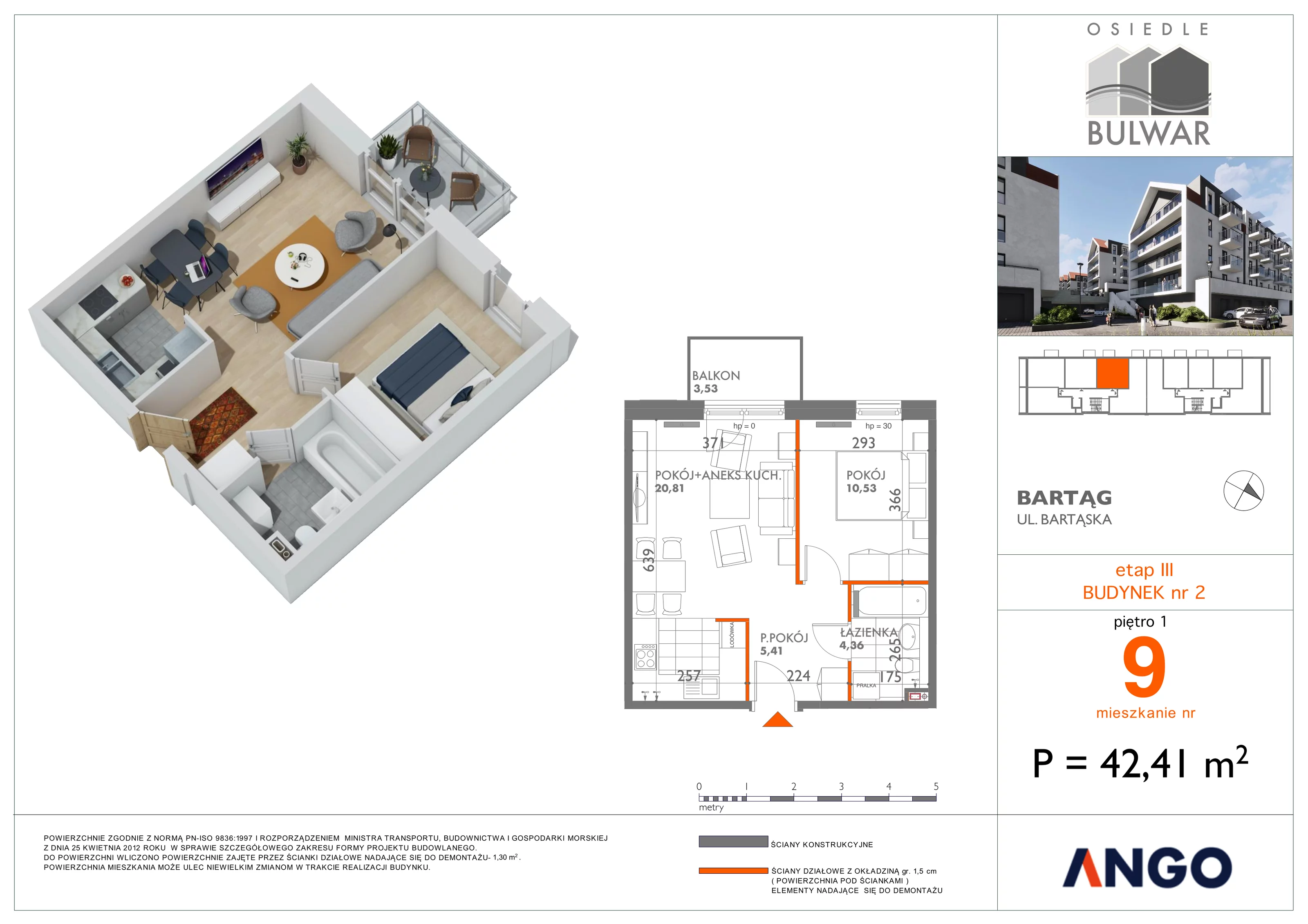 2 pokoje, mieszkanie 42,41 m², piętro 1, oferta nr 9, Osiedle Bulwar, Olsztyn, ul. Sprzętowa 2