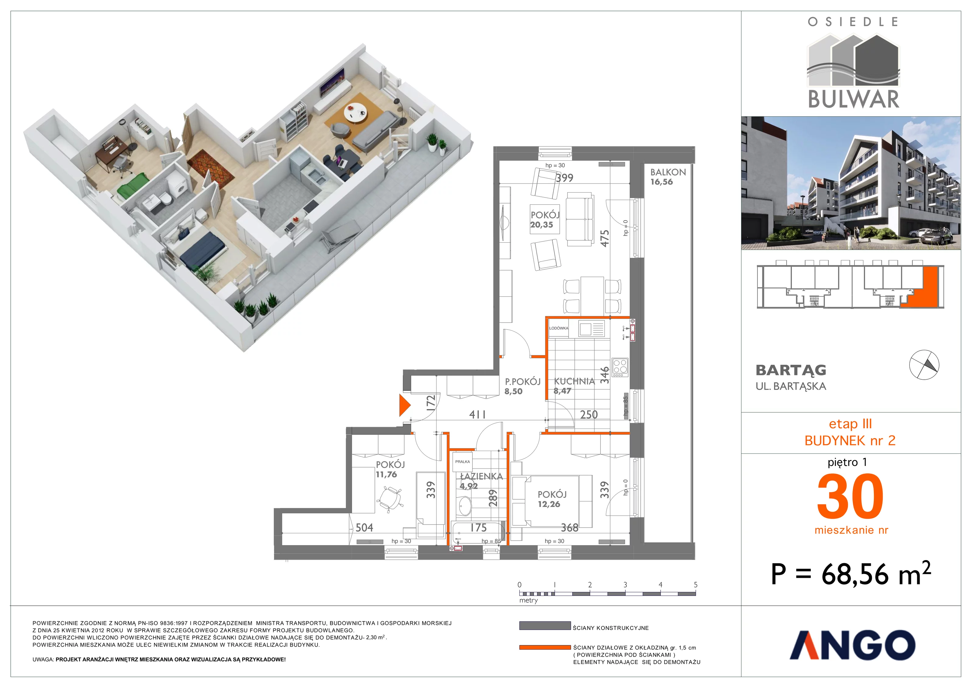 3 pokoje, mieszkanie 68,56 m², piętro 1, oferta nr 30, Osiedle Bulwar, Bartąg, ul. Bartąska