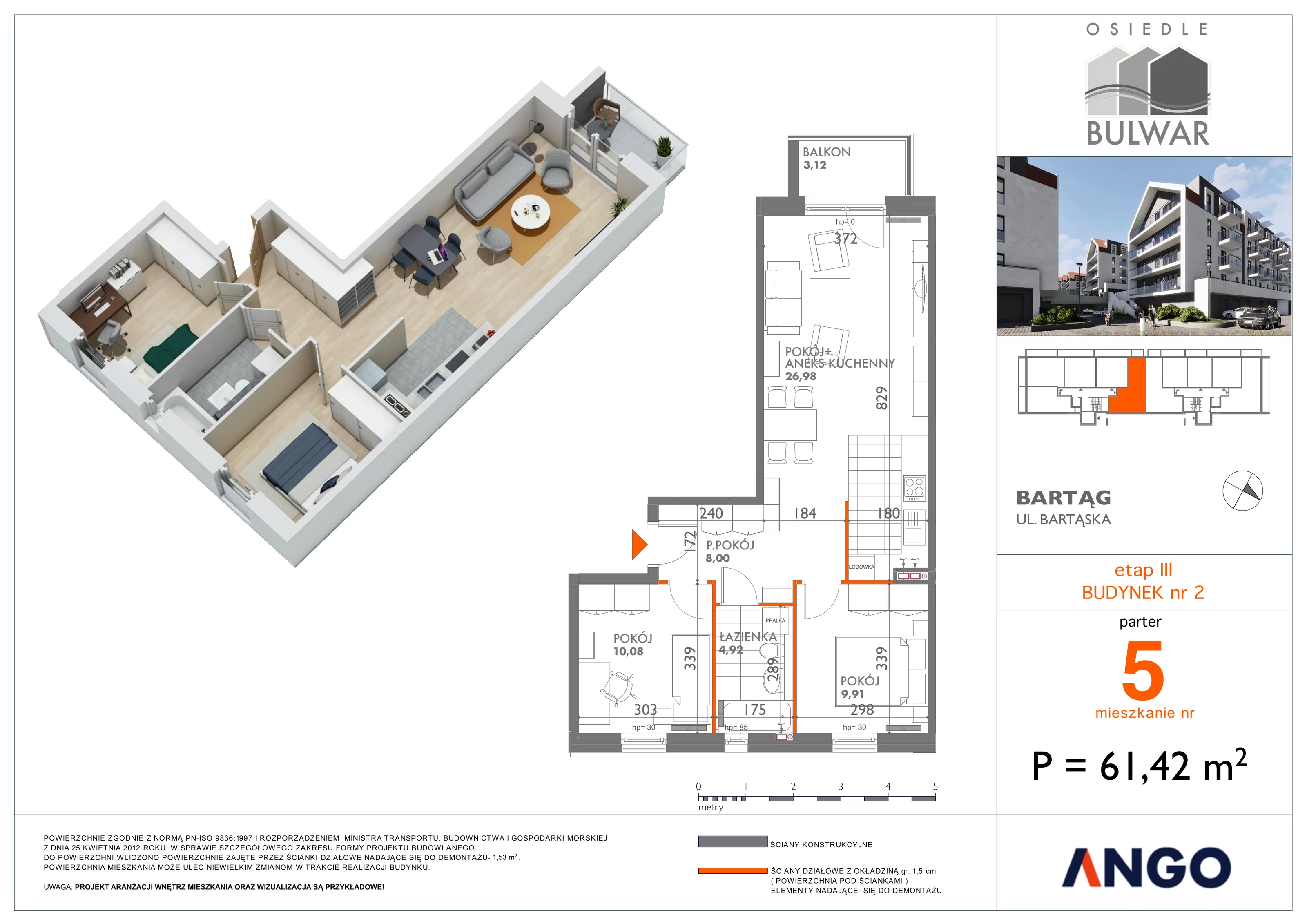 3 pokoje, mieszkanie 61,42 m², parter, oferta nr 5, Osiedle Bulwar, Bartąg, ul. Bartąska
